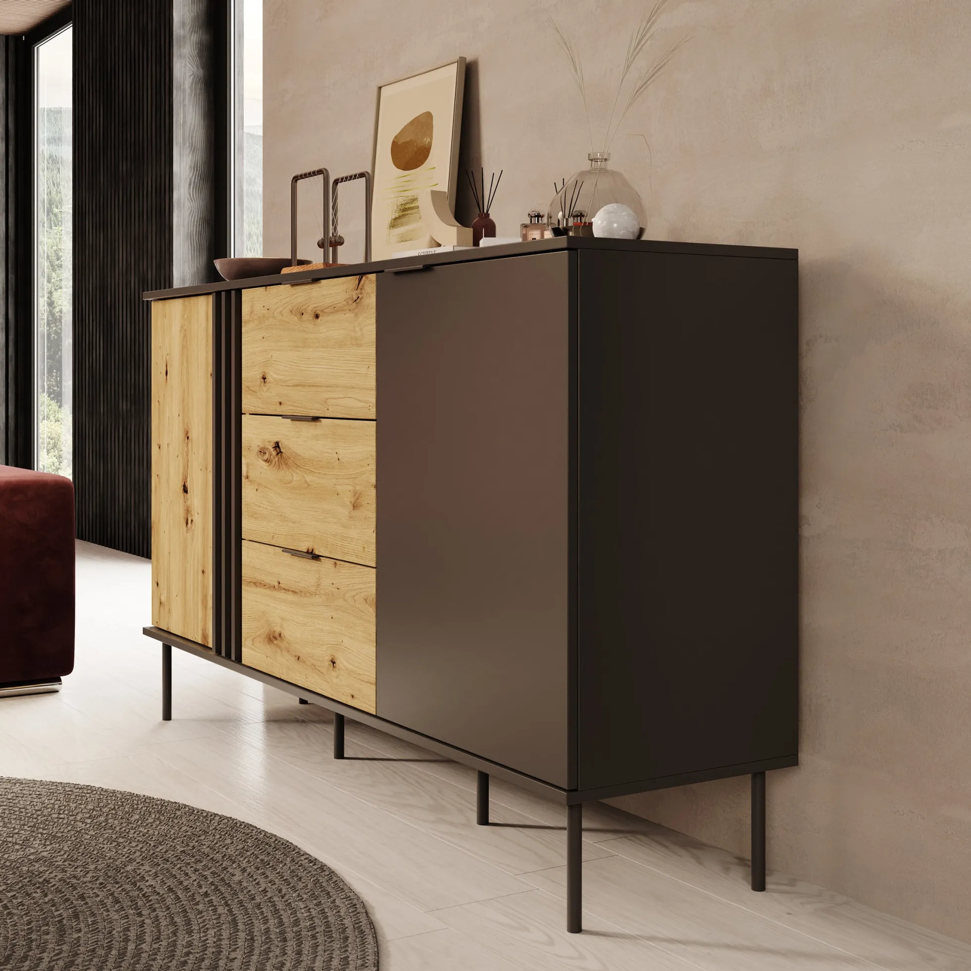 Rogan - Dressoir - Zwart - 165x40x92 cm