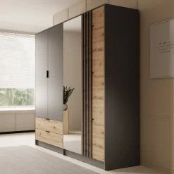 Roma - Kledingkast 4-deurs - Grijs/eiken - 221x54x203 cm