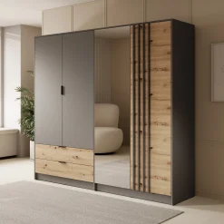 Roma - Kledingkast 4-deurs - Grijs/eiken - 221x54x203 cm