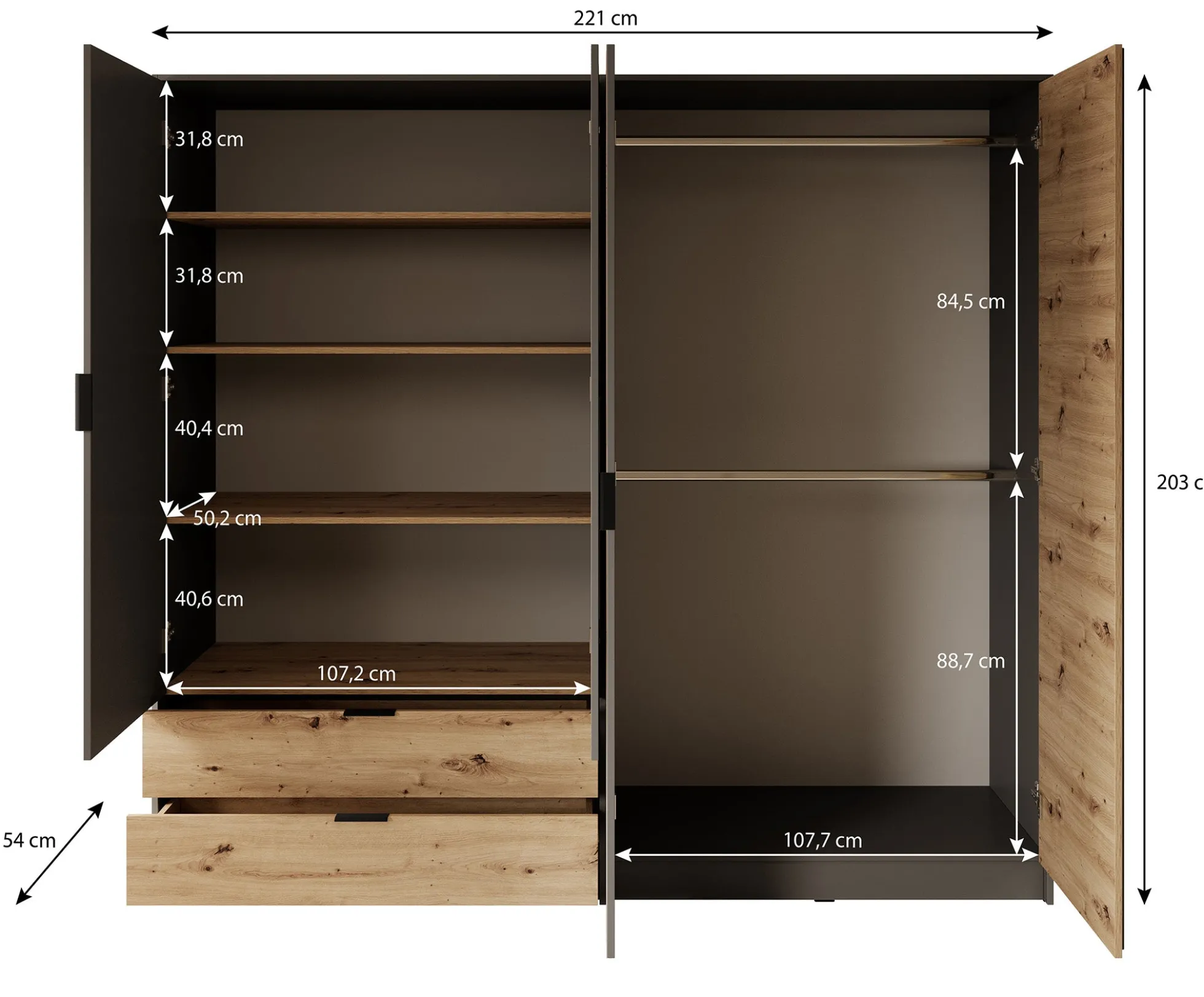 Roma - Kledingkast 4-deurs - Grijs/eiken - 221x54x203 cm
