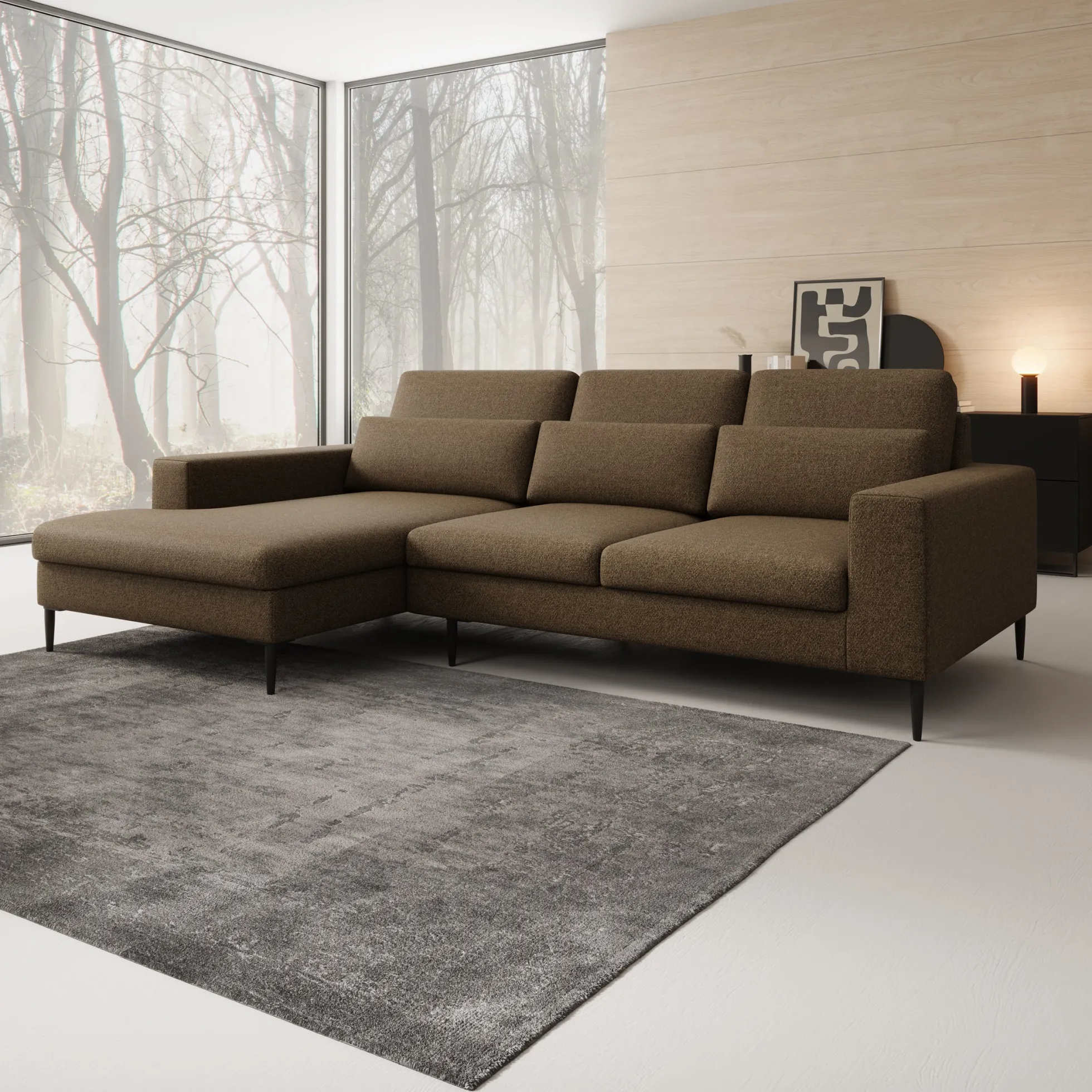 Rosano - Hoekbank 3-zits met chaise longue - Stof bruin - Links
