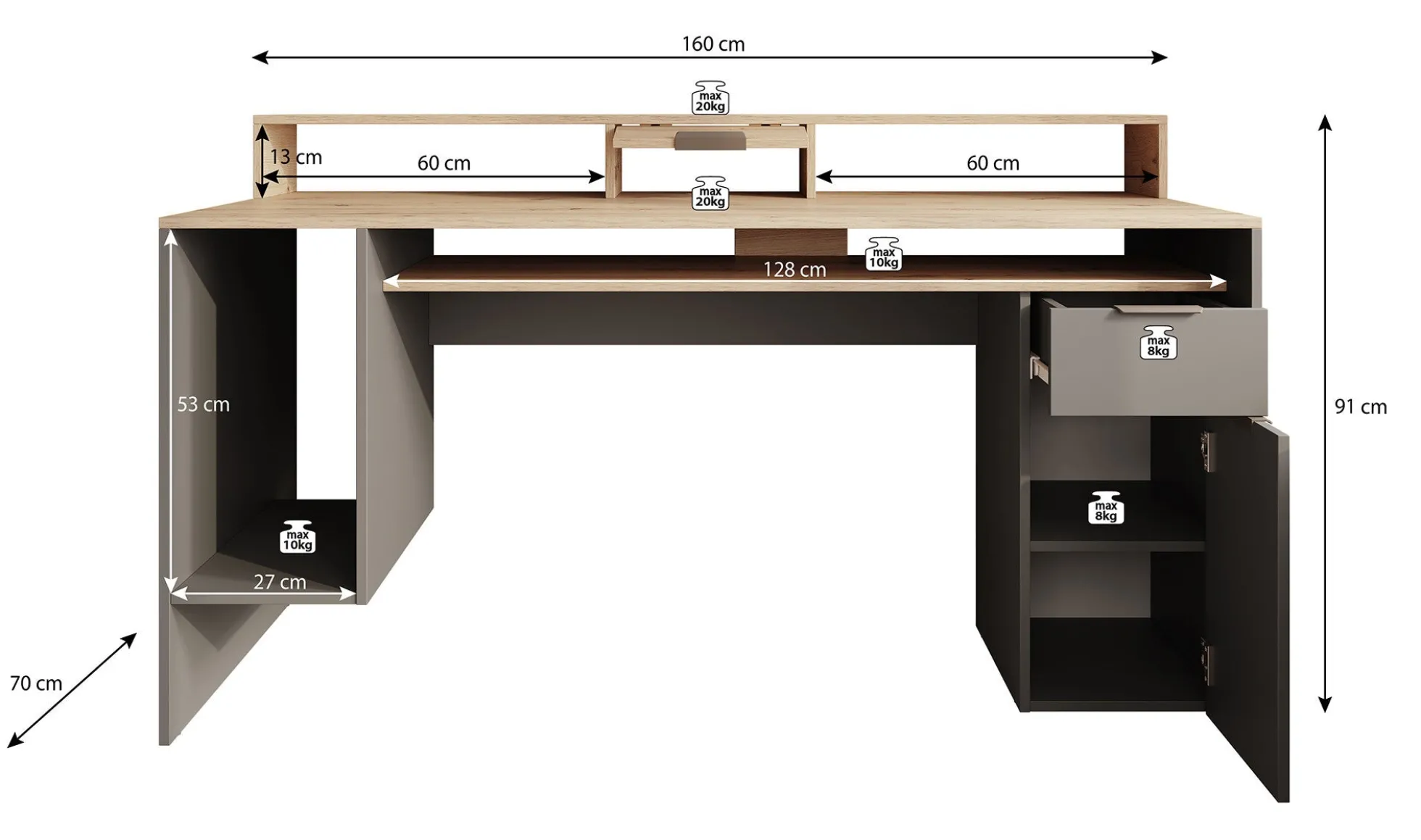 Ryan - Bureau - Grijs/eiken - 160x70 cm