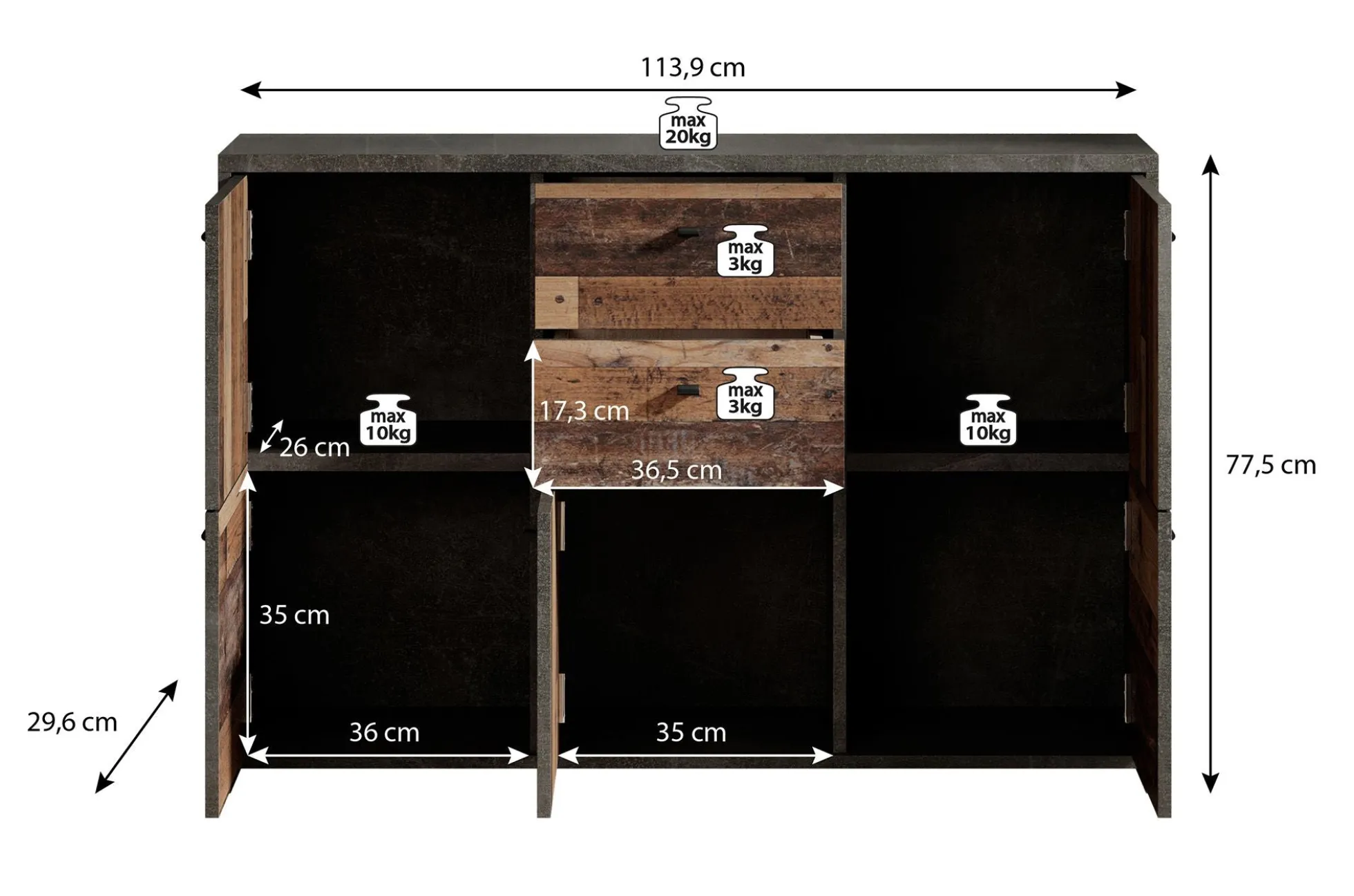 Sahara 4 - Dressoir - Old wood/grijs - 114x30x77 cm