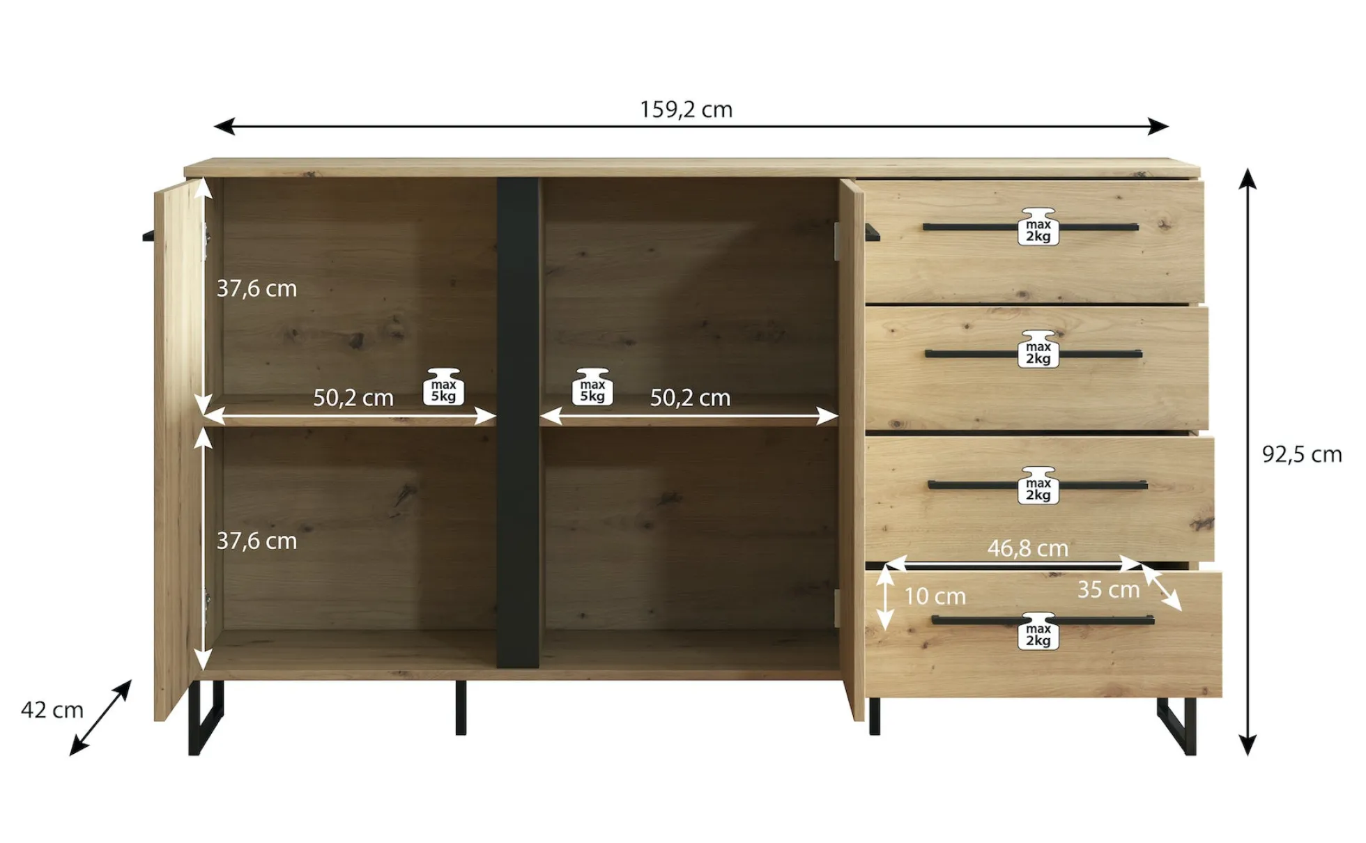 Saturn - Dressoir - Eiken/zwart - 159x42x93 cm