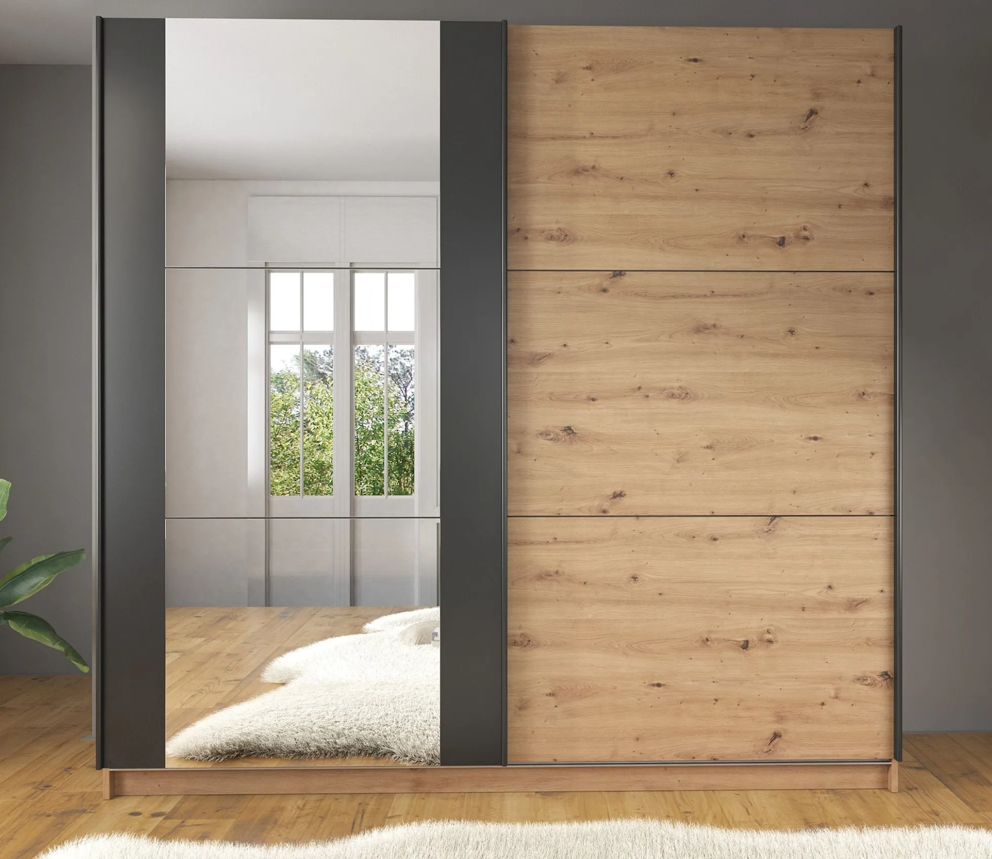 Saturn - Kledingkast met schuifdeuren - Eiken/zwart - 217x62,5x210 cm
