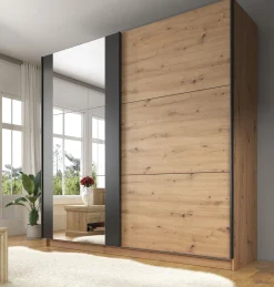 Saturn - Kledingkast met schuifdeuren - Eiken/zwart - 217x62,5x210 cm