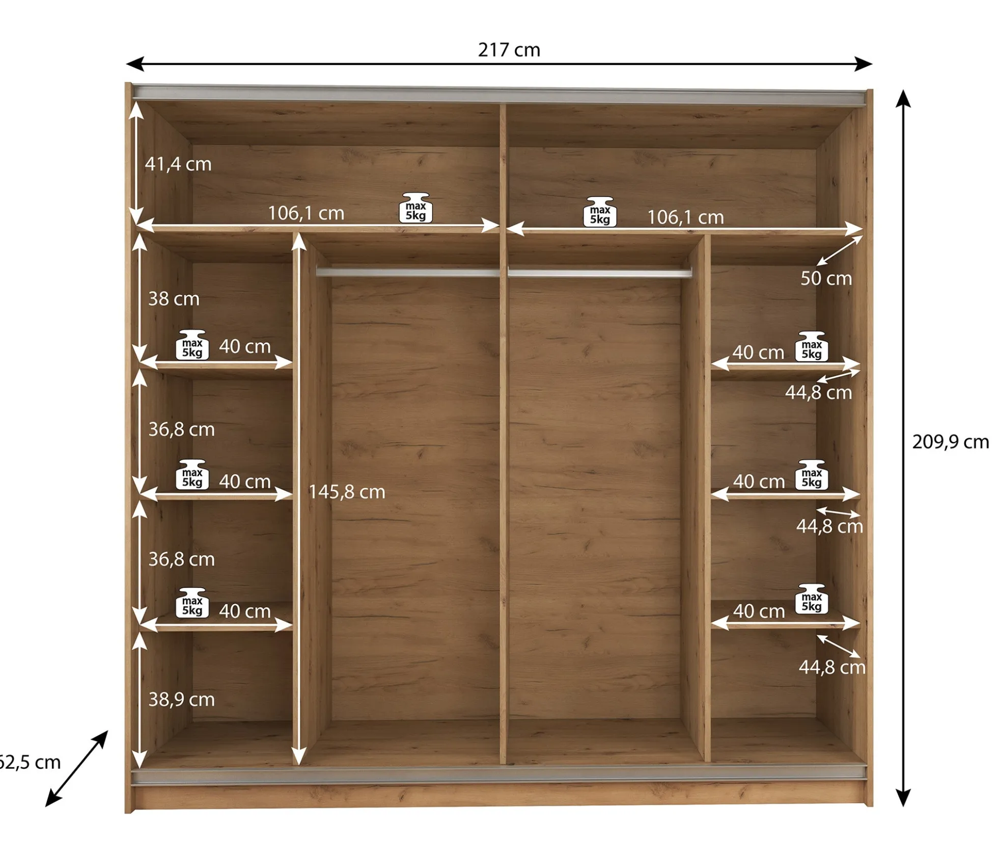 Saturn - Kledingkast met schuifdeuren - Eiken/zwart - 217x62,5x210 cm