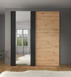 Saturn - Kledingkast met schuifdeuren - Eiken/zwart - 179x63x210 cm