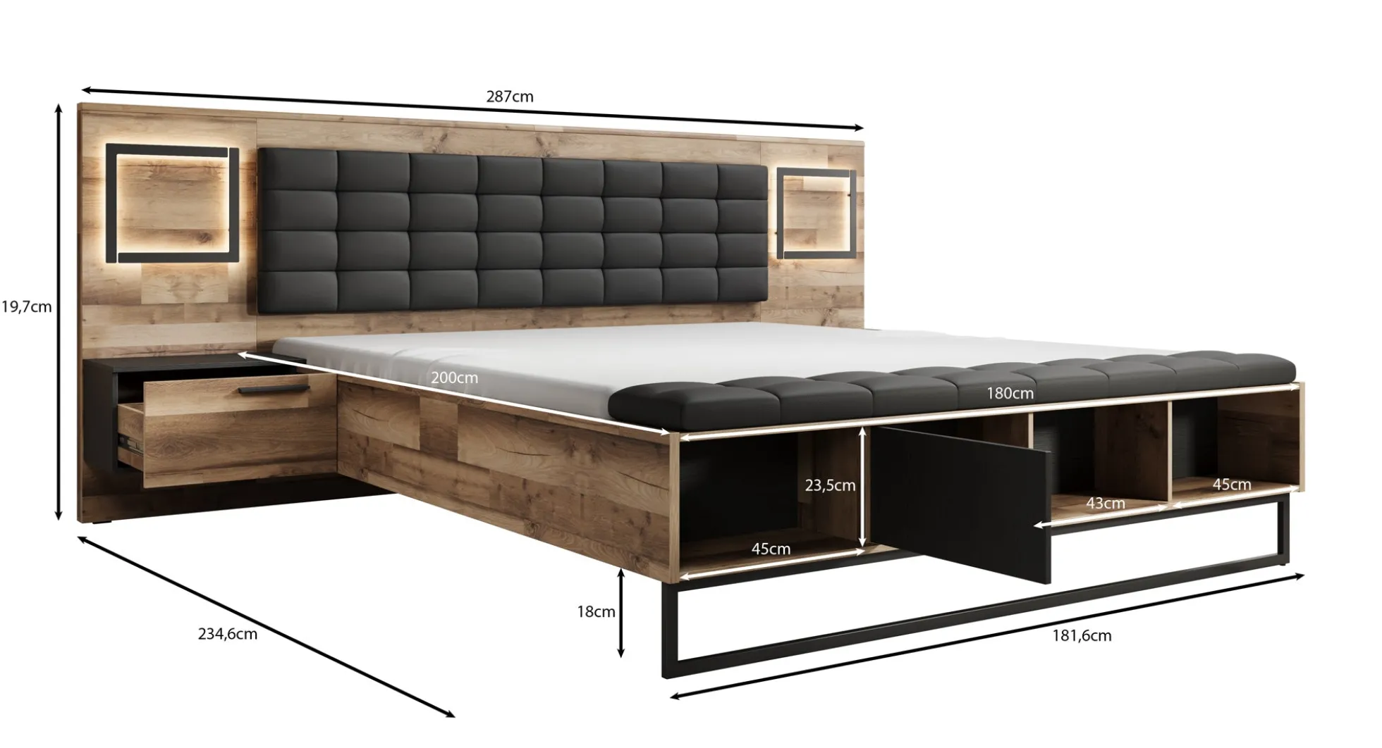 Serena - Tweepersoonsbed met nachtkastjes - Eiken - 180x200 cm