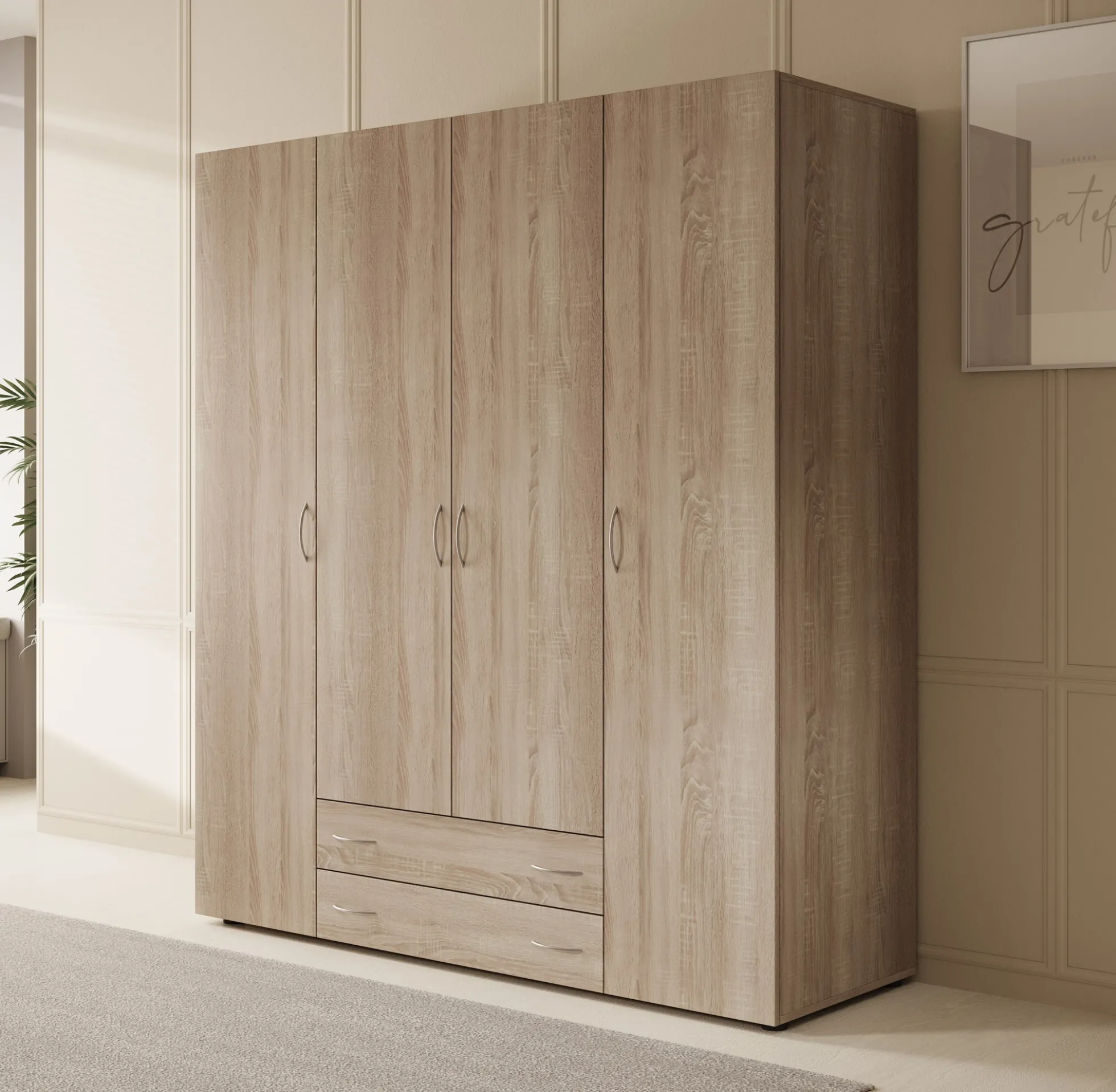 Serra - Kledingkast 4-deurs - Licht eiken - 160x51x177 cm