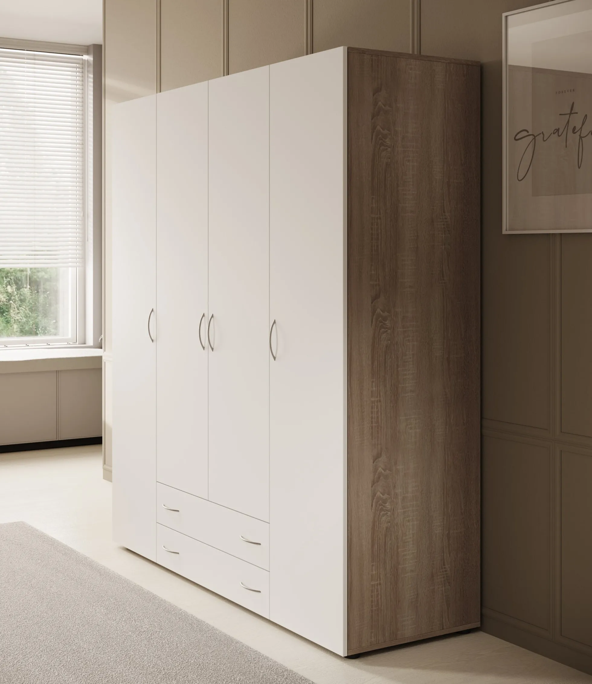 Serra - Kledingkast 4-deurs - Wit/licht eiken - 160x51x177 cm