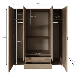 Serra - Kledingkast 4-deurs - Wit/licht eiken - 160x51x177 cm