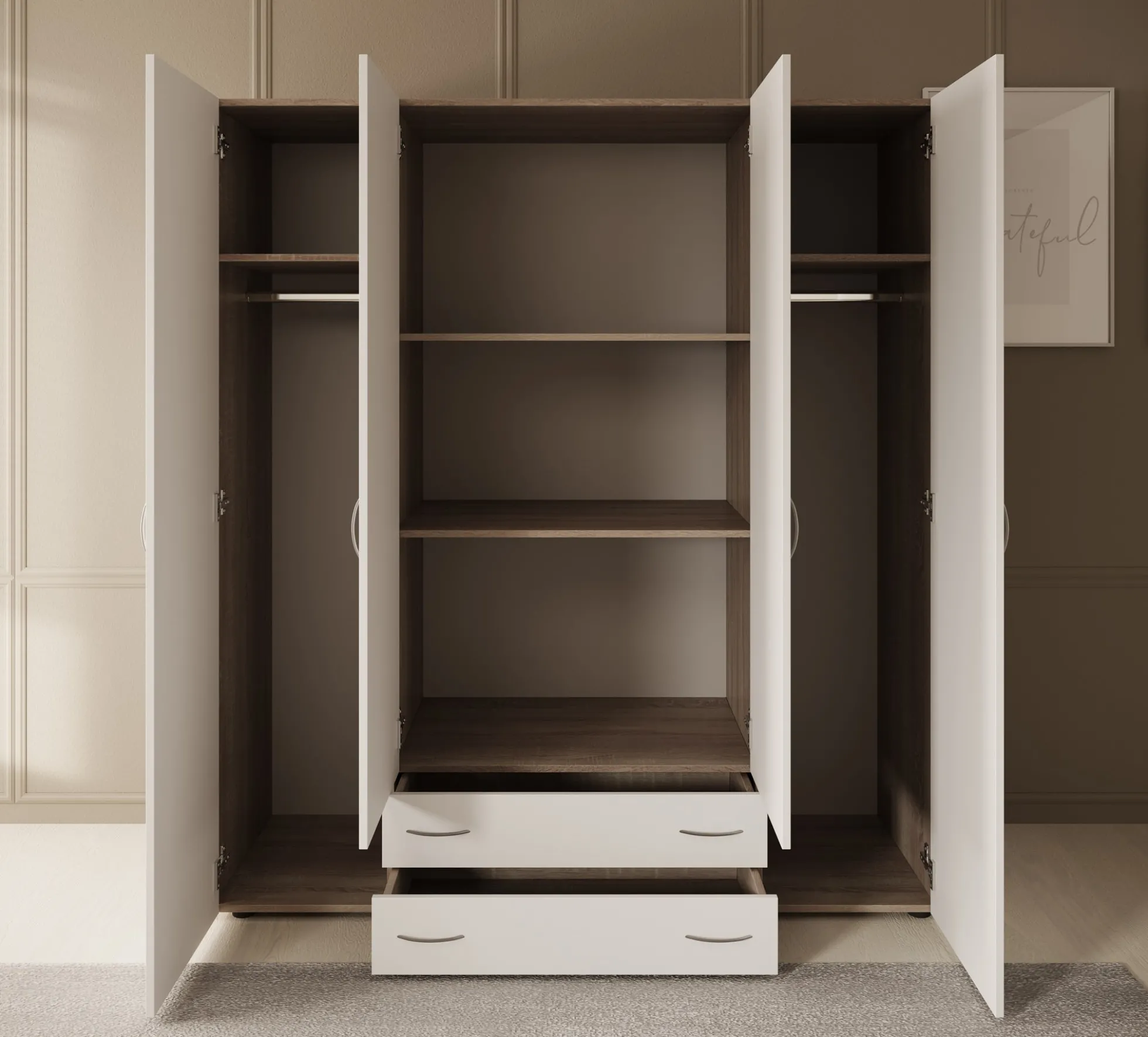 Serra - Kledingkast 4-deurs - Wit/licht eiken - 160x51x177 cm