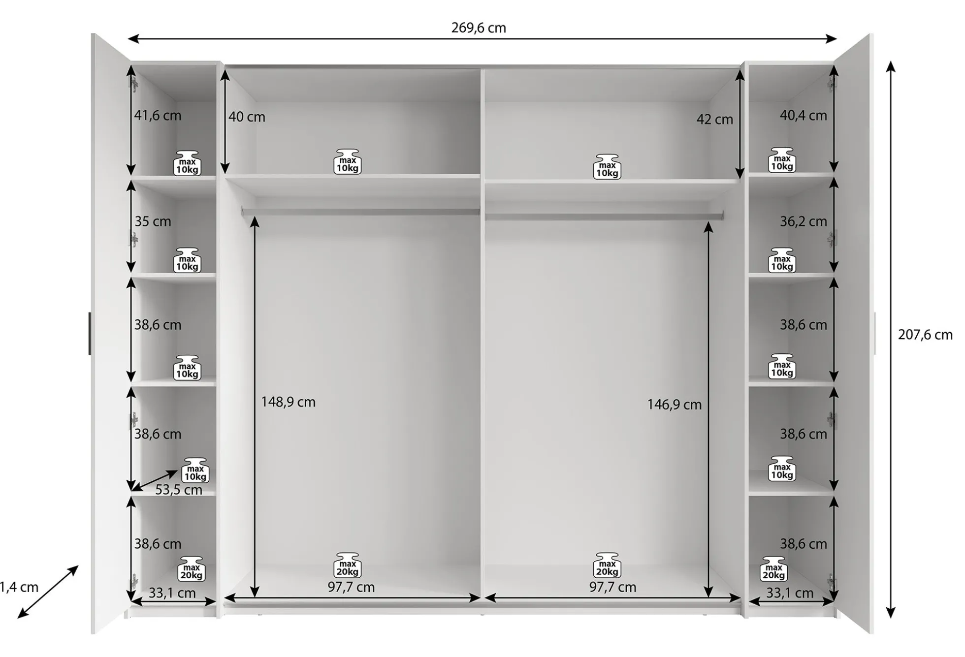 Stoke - Kledingkast 4-deurs - Wit - 270x61x208 cm