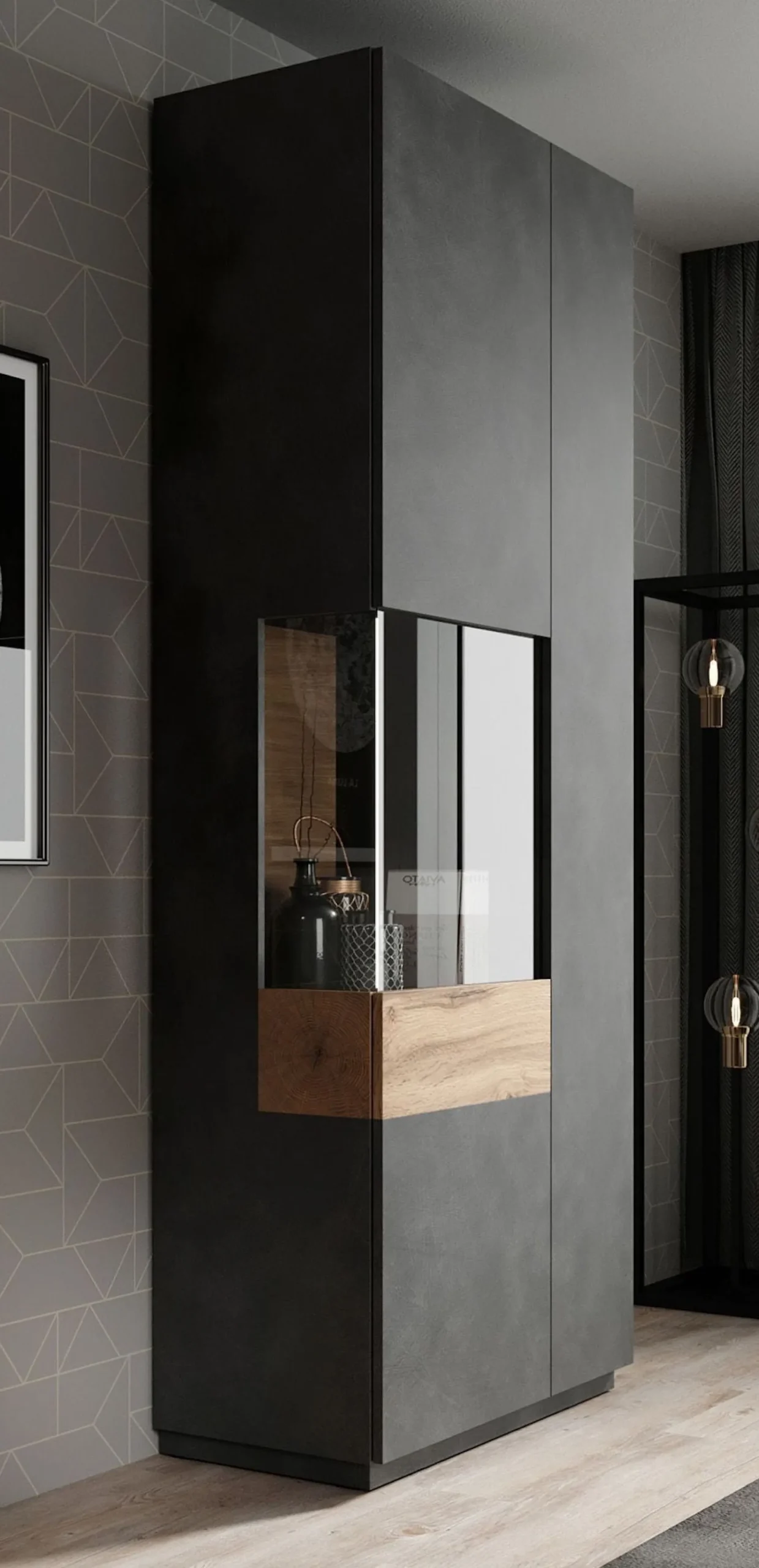 Sublime - Vitrinekast - Grijs/eiken - 80x40x207 cm