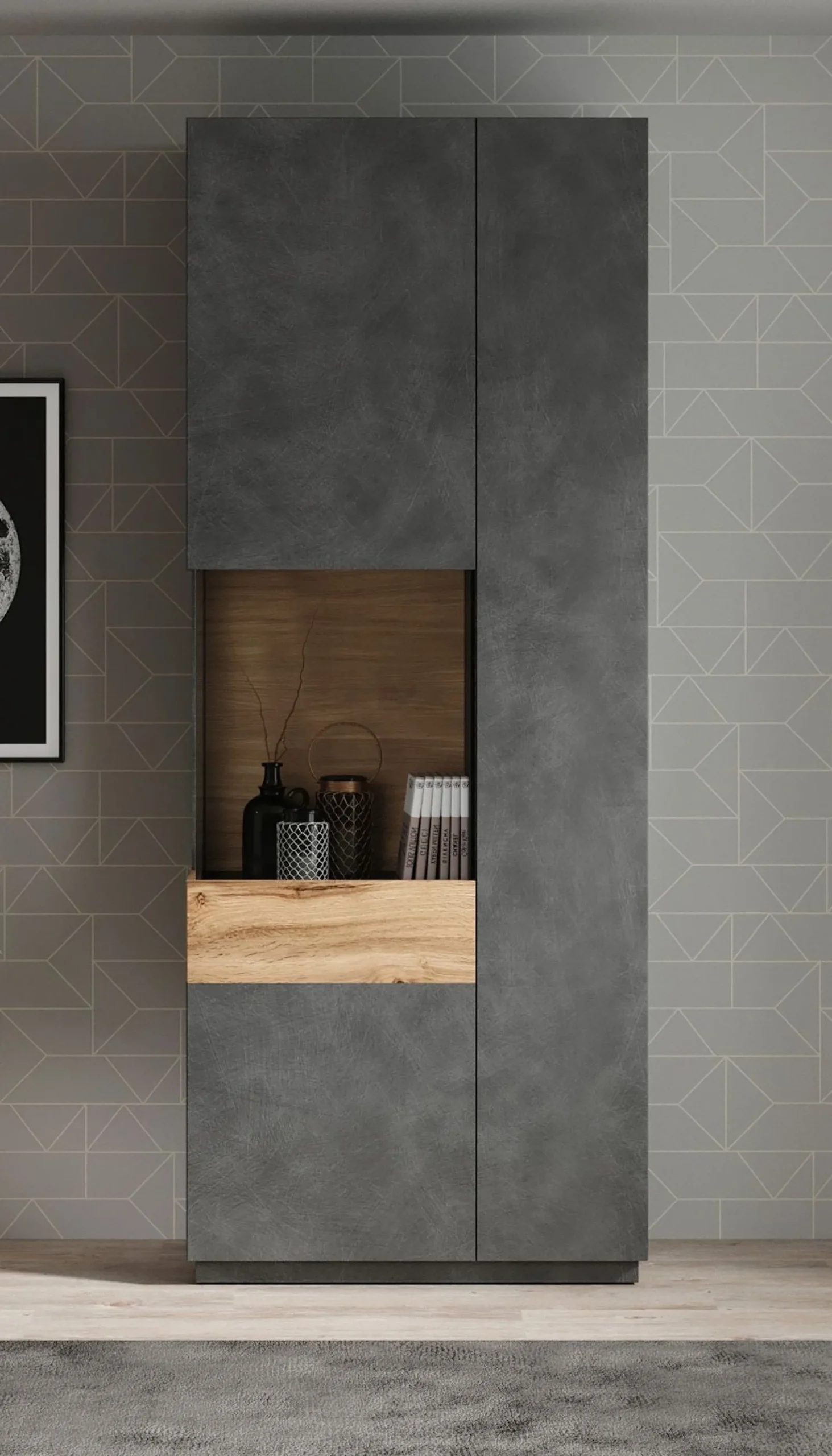 Sublime - Vitrinekast - Grijs/eiken - 80x40x207 cm