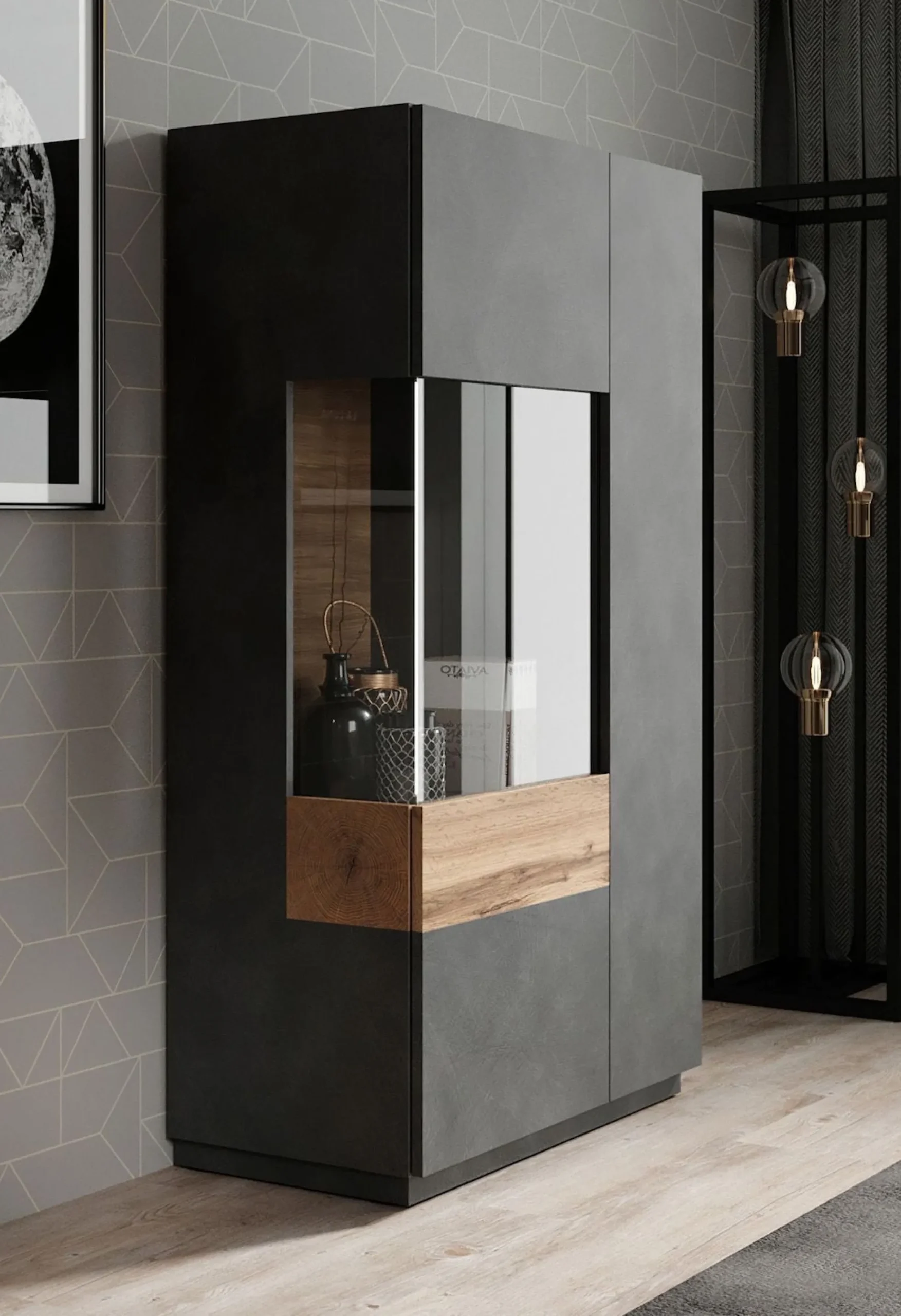 Sublime - Vitrinekast - Grijs/eiken - 80x40x138 cm