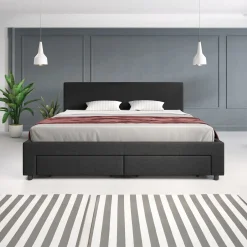 Suente - Tweepersoonsbed met 4 lades - Stof zwart - 180x200 cm