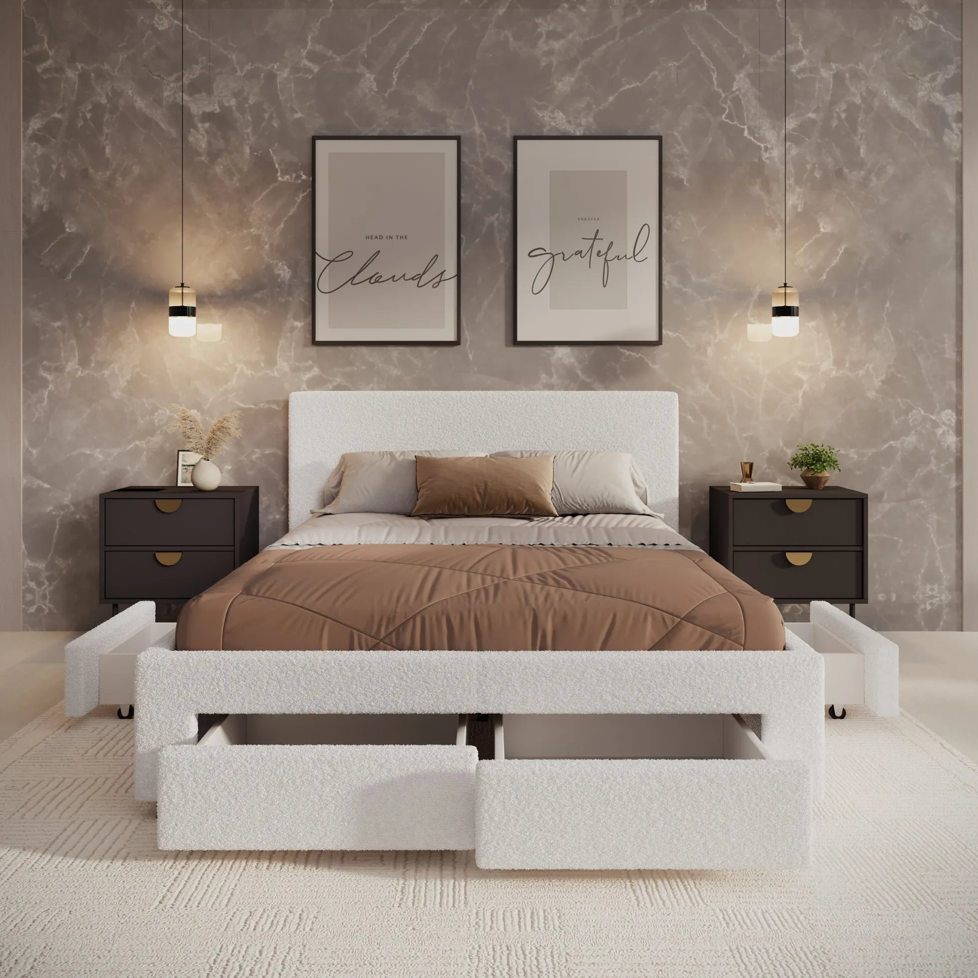 Suente - Tweepersoonsbed met 4 lades - Teddystof Wit - 140x200 cm