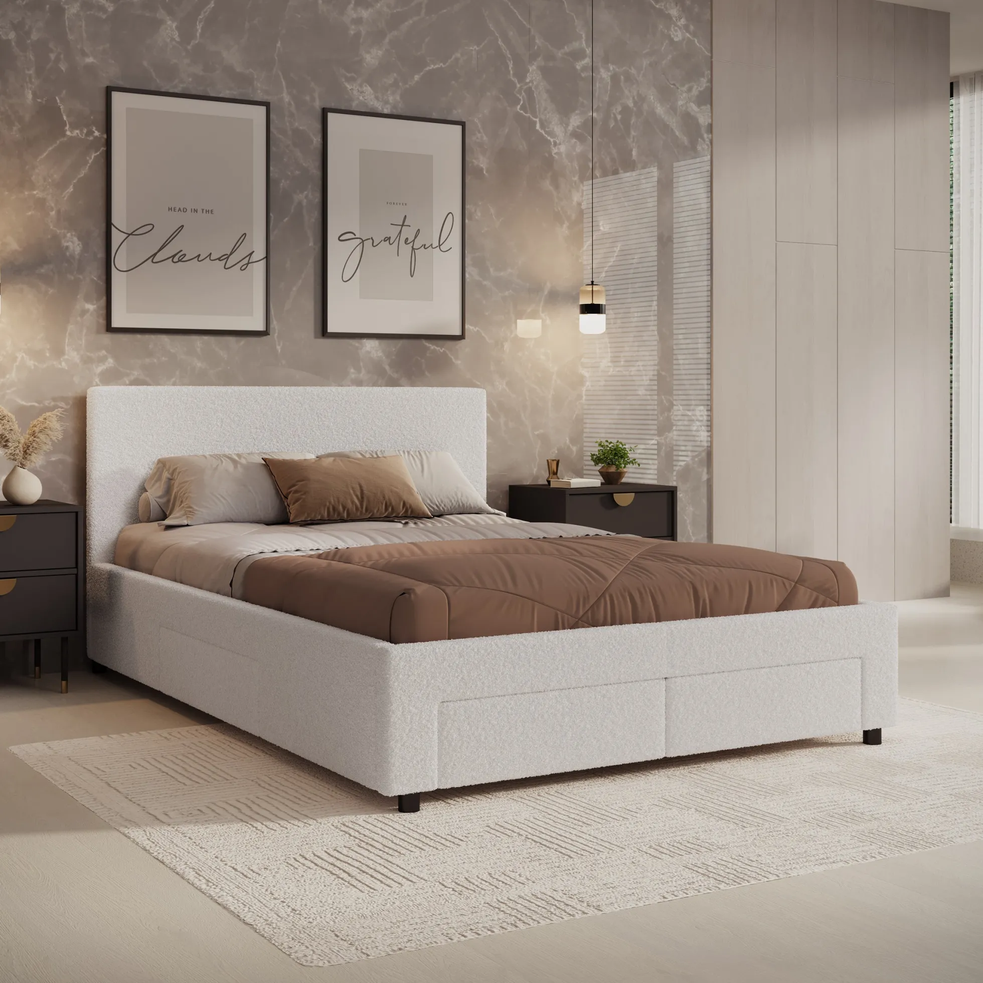 Suente - Tweepersoonsbed met 4 lades - Teddystof Wit - 140x200 cm