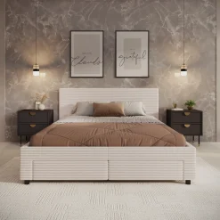 Suente - Tweepersoonsbed met 4 lades - Ribstof beige - 160x200 cm