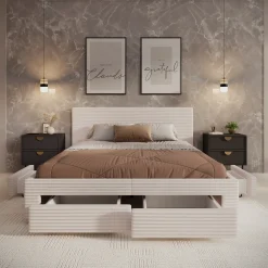 Suente - Tweepersoonsbed met 4 lades - Ribstof beige - 160x200 cm