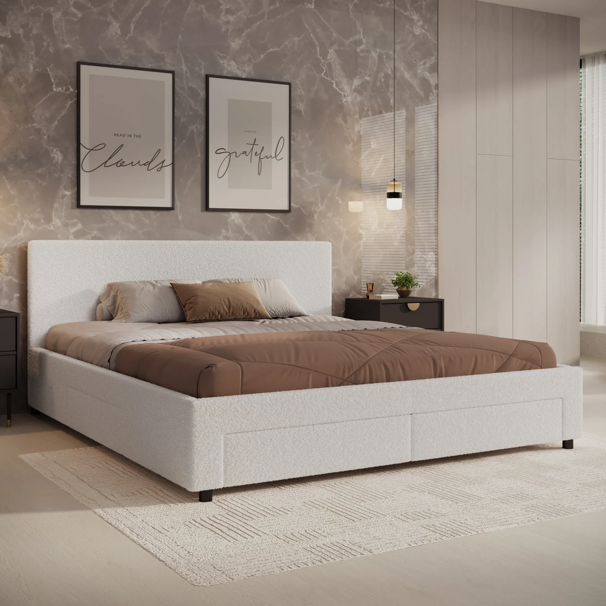 Suente - Tweepersoonsbed met 4 lades - Teddystof Wit - 180x200 cm
