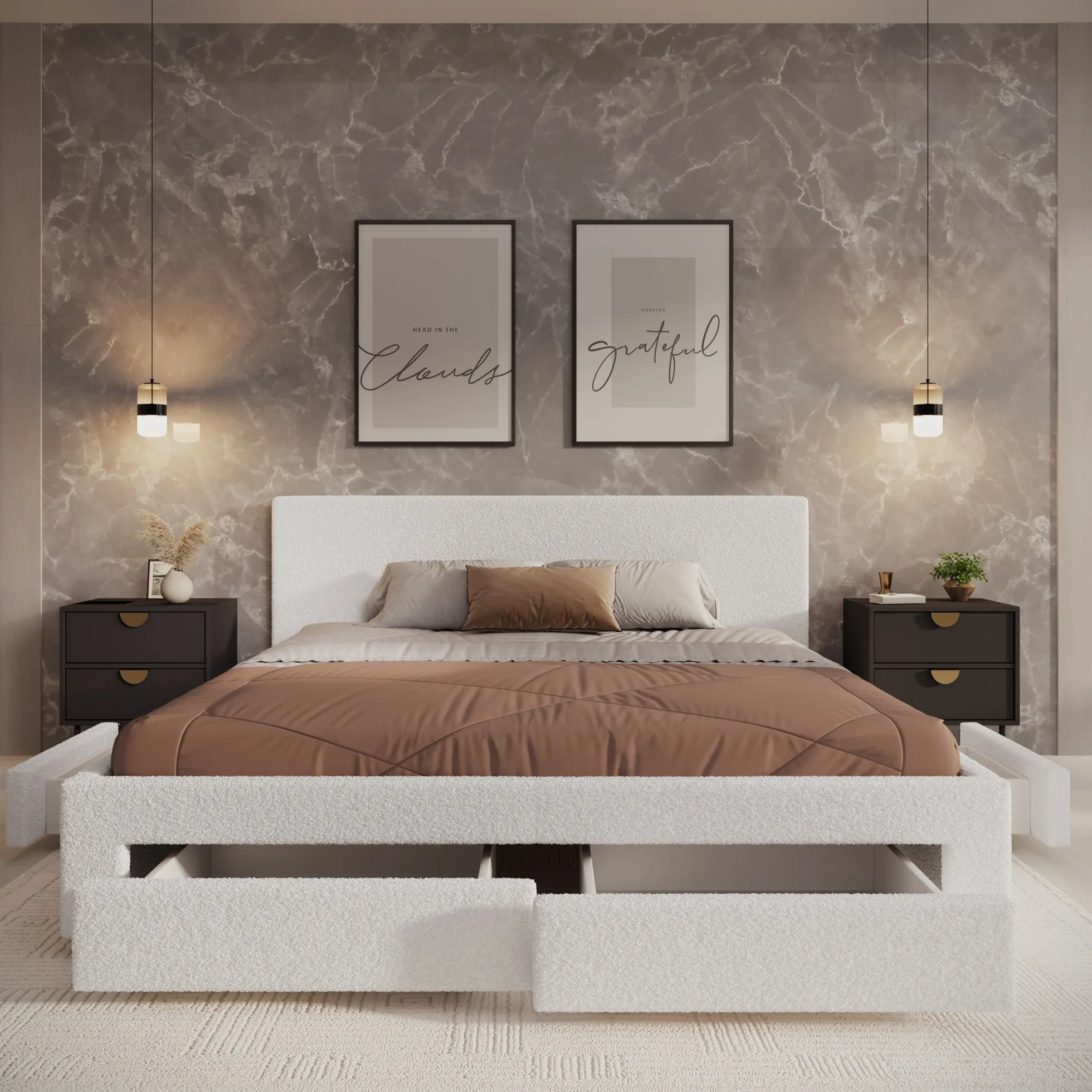 Suente - Tweepersoonsbed met 4 lades - Teddystof Wit - 180x200 cm