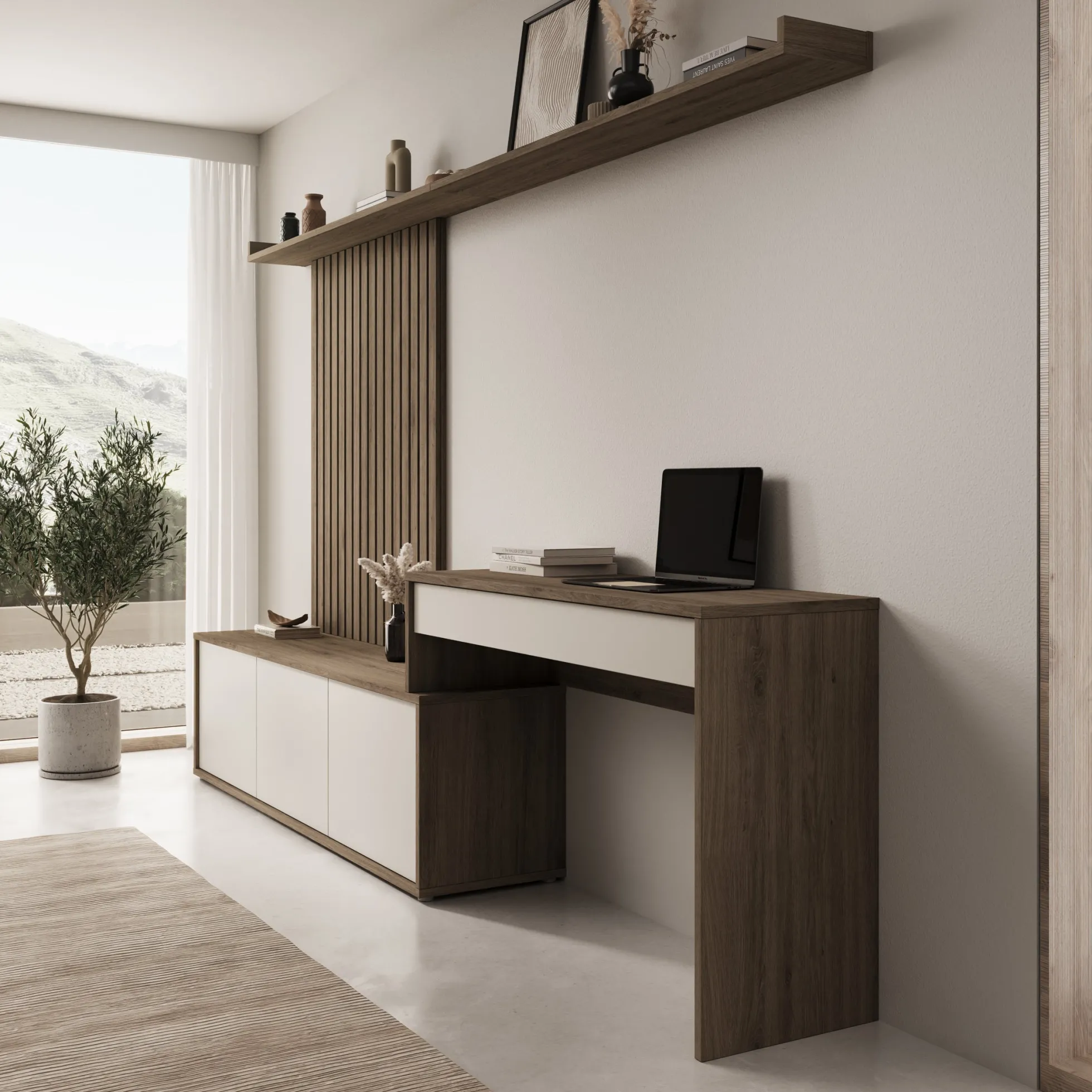 Sundra - Wandmeubel met bureau - Beige/Eiken - 300x42x190 cm