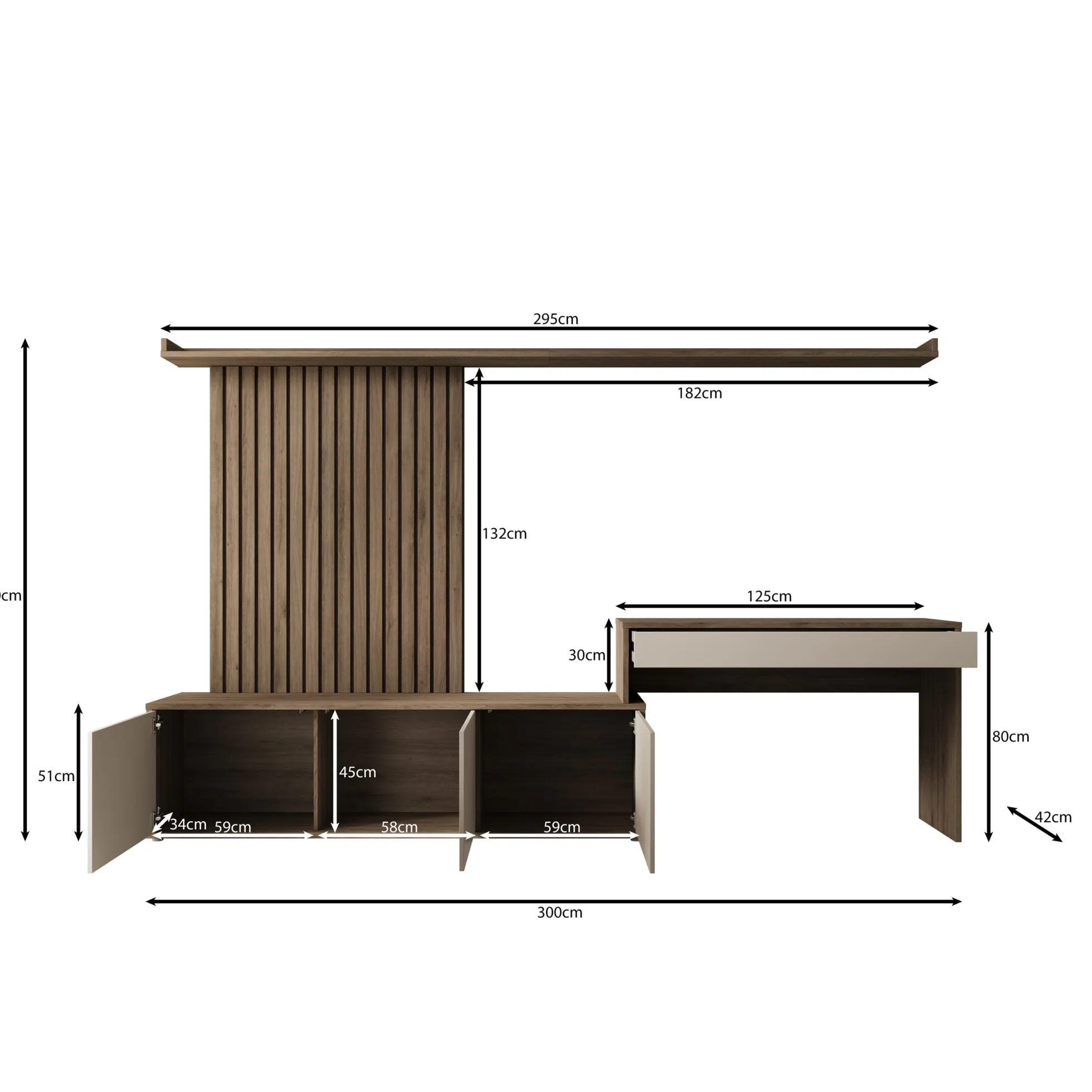 Sundra - Wandmeubel met bureau - Beige/Eiken - 300x42x190 cm