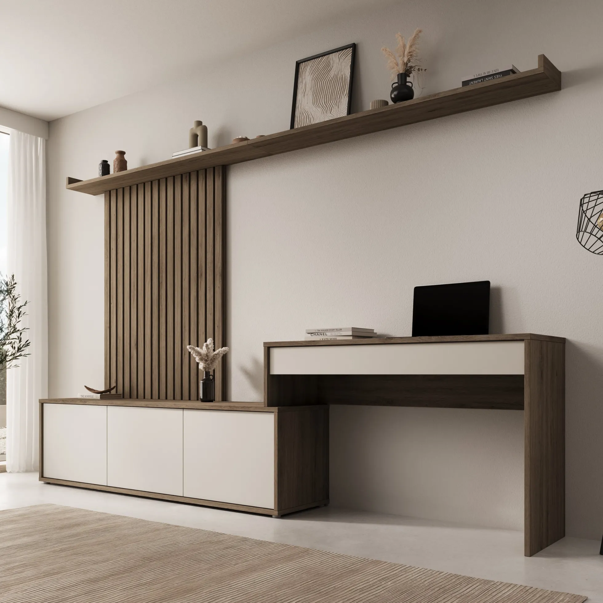 Sundra - Wandmeubel met bureau - Beige/Eiken - 300x42x190 cm
