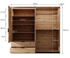 Tasha - Kledingkast 3-deurs - Eiken/zwart - 220x60x210 cm