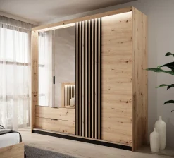 Tasha - Kledingkast 3-deurs - Eiken/zwart - 220x60x210 cm