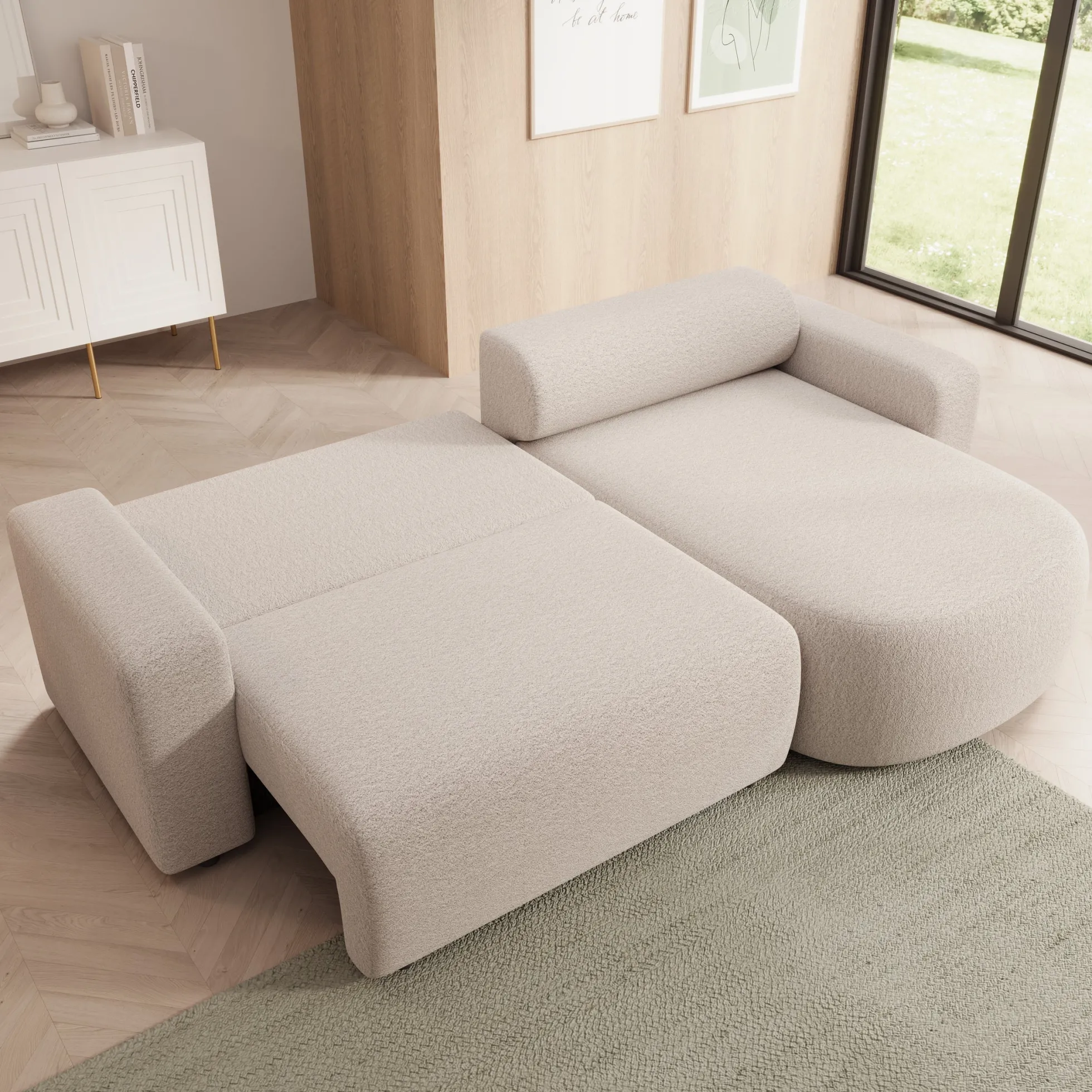 Tripp - Hoekbank 3-zits met slaapfunctie - Stof beige - Universeel