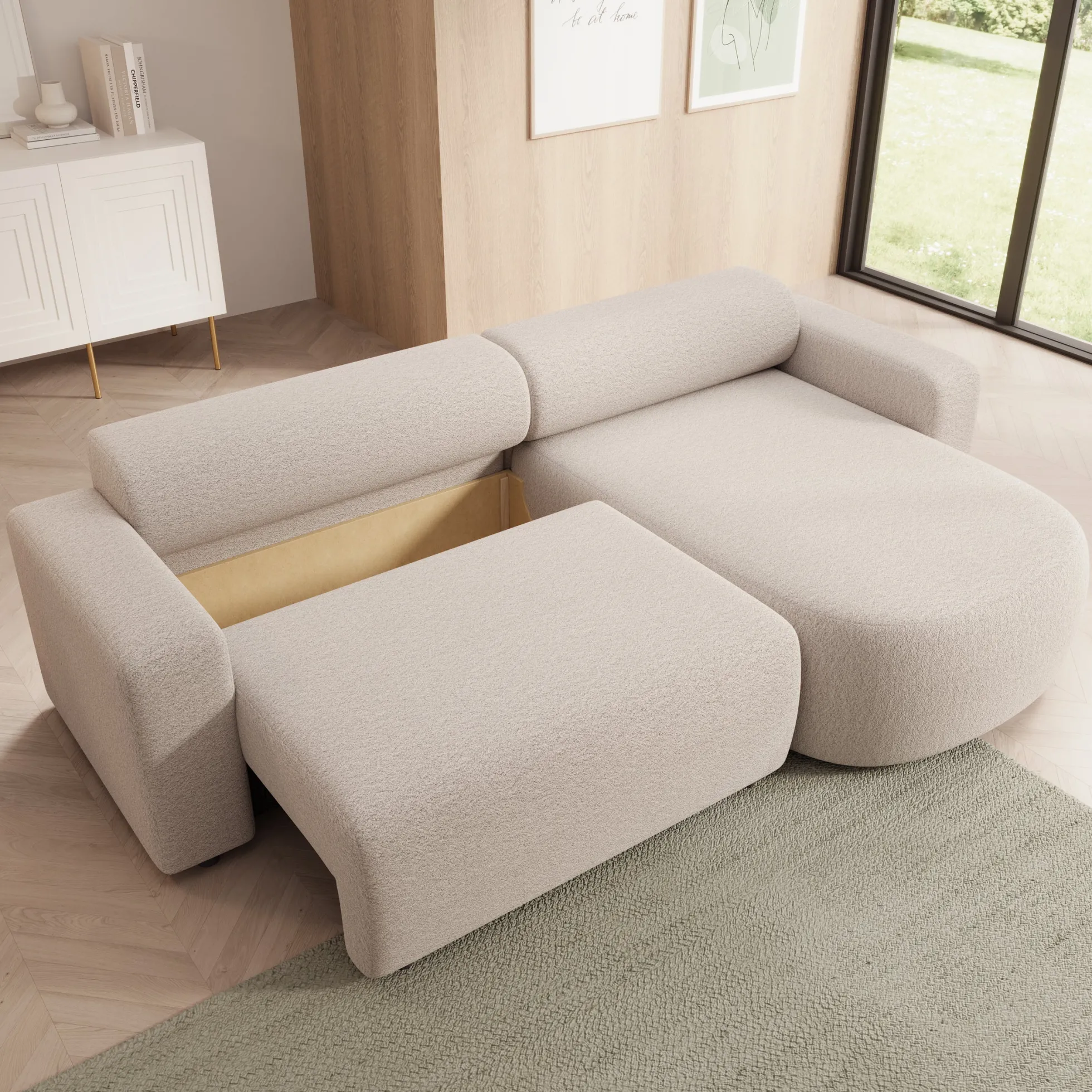 Tripp - Hoekbank 3-zits met slaapfunctie - Stof beige - Universeel