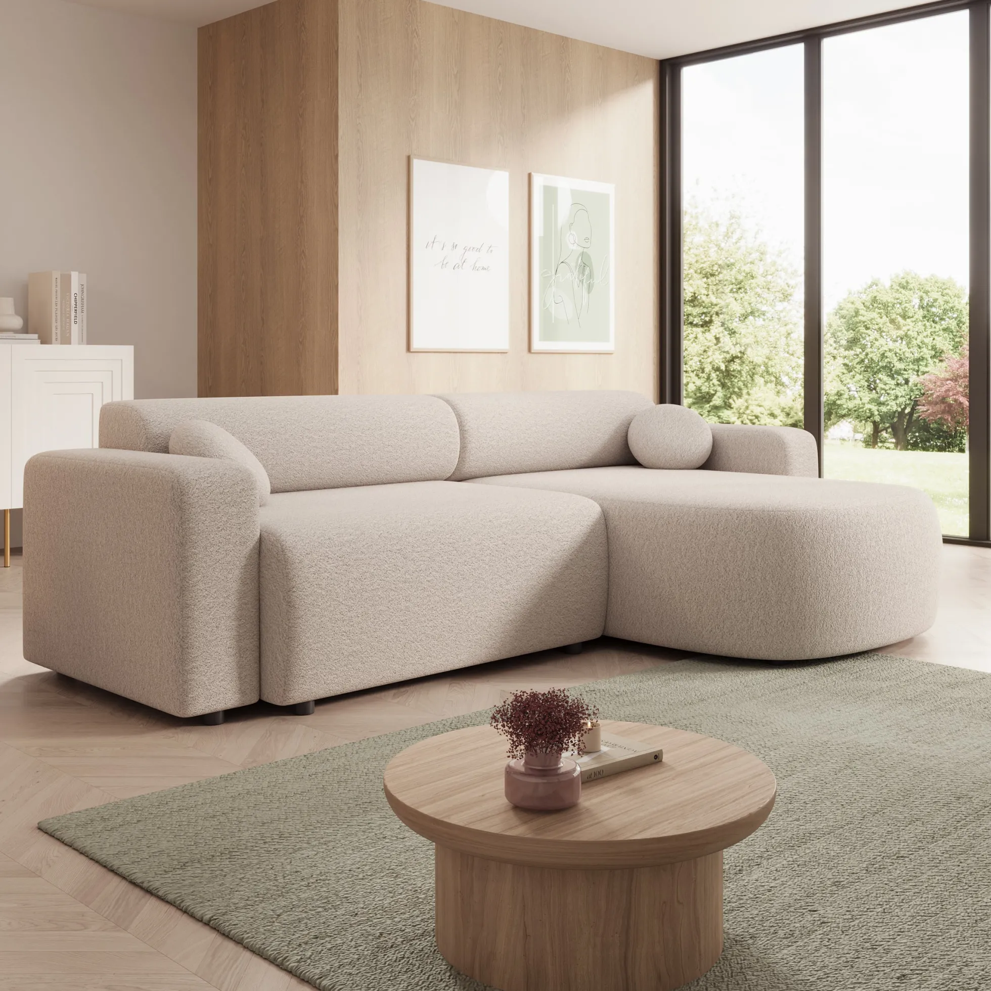Tripp - Hoekbank 3-zits met slaapfunctie - Stof beige - Universeel