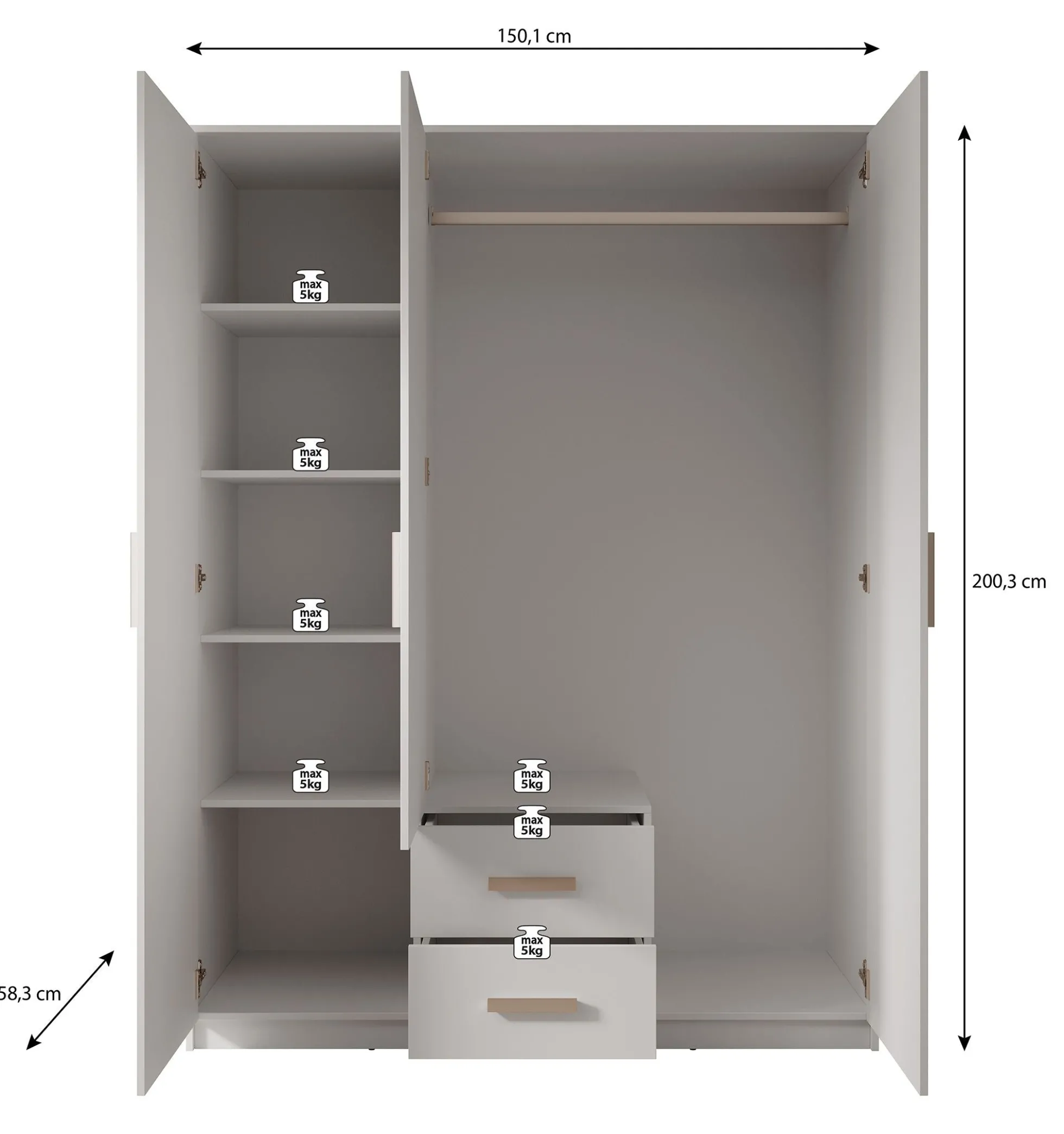Tyko - Kledingkast 3-deurs - Wit - 150x58x200 cm