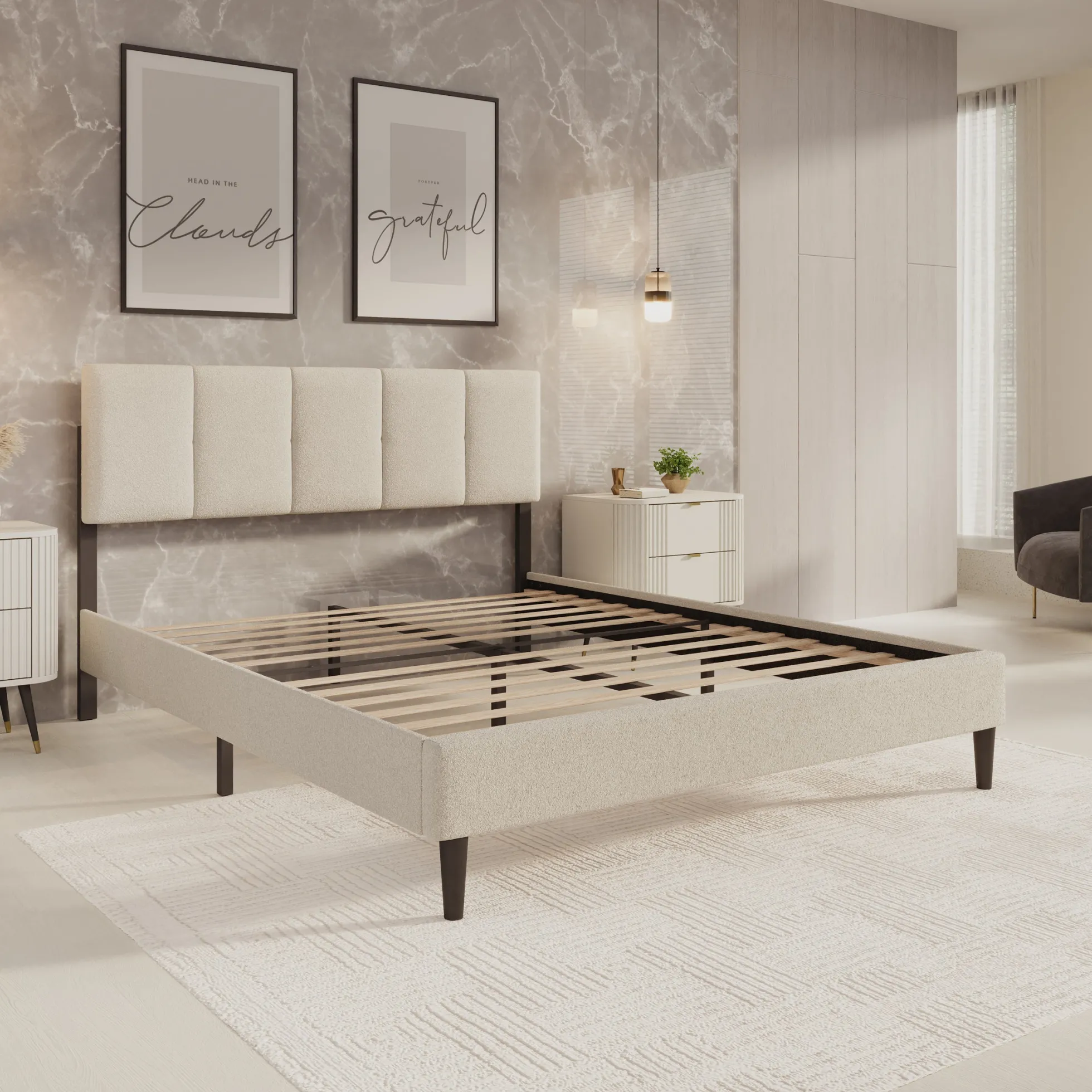 Varell - Tweepersoonsbed - Teddystof beige - 160x200 cm