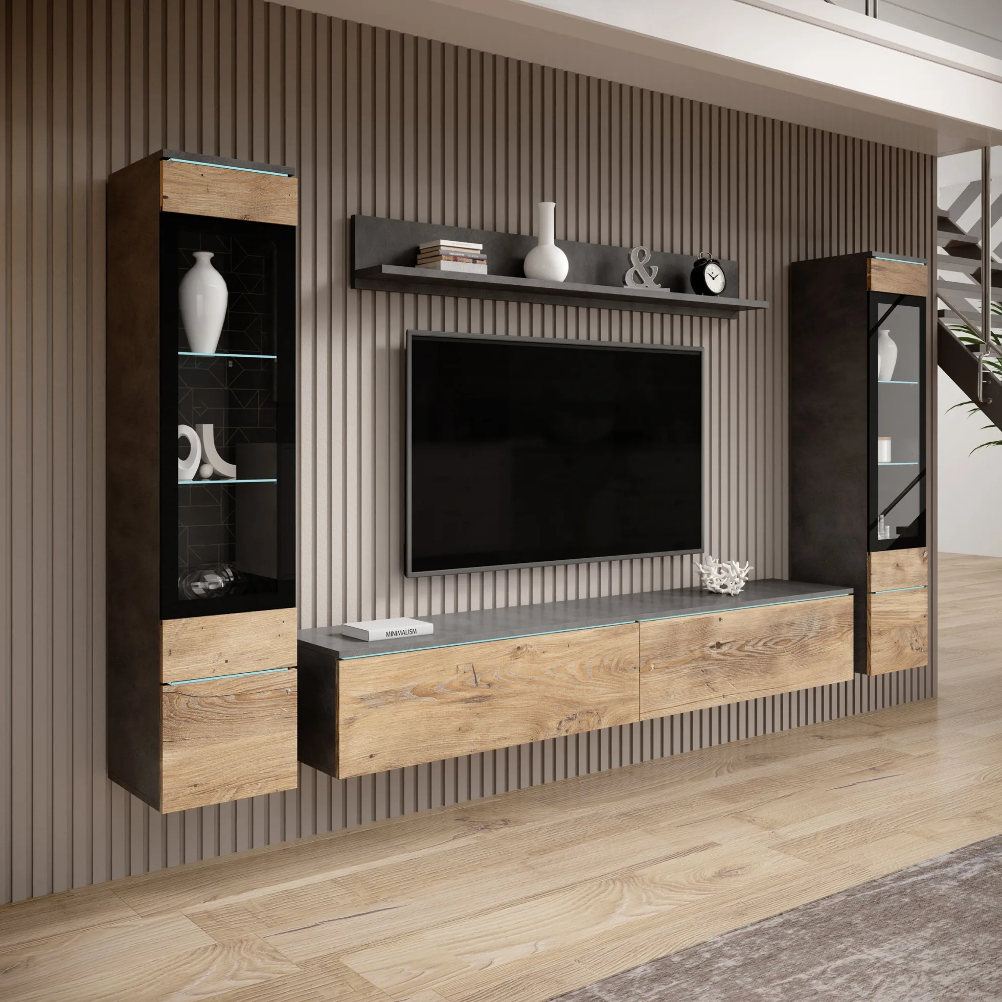 Variety - Wandmeubel - Eiken/Grijs - 180x33x132 cm