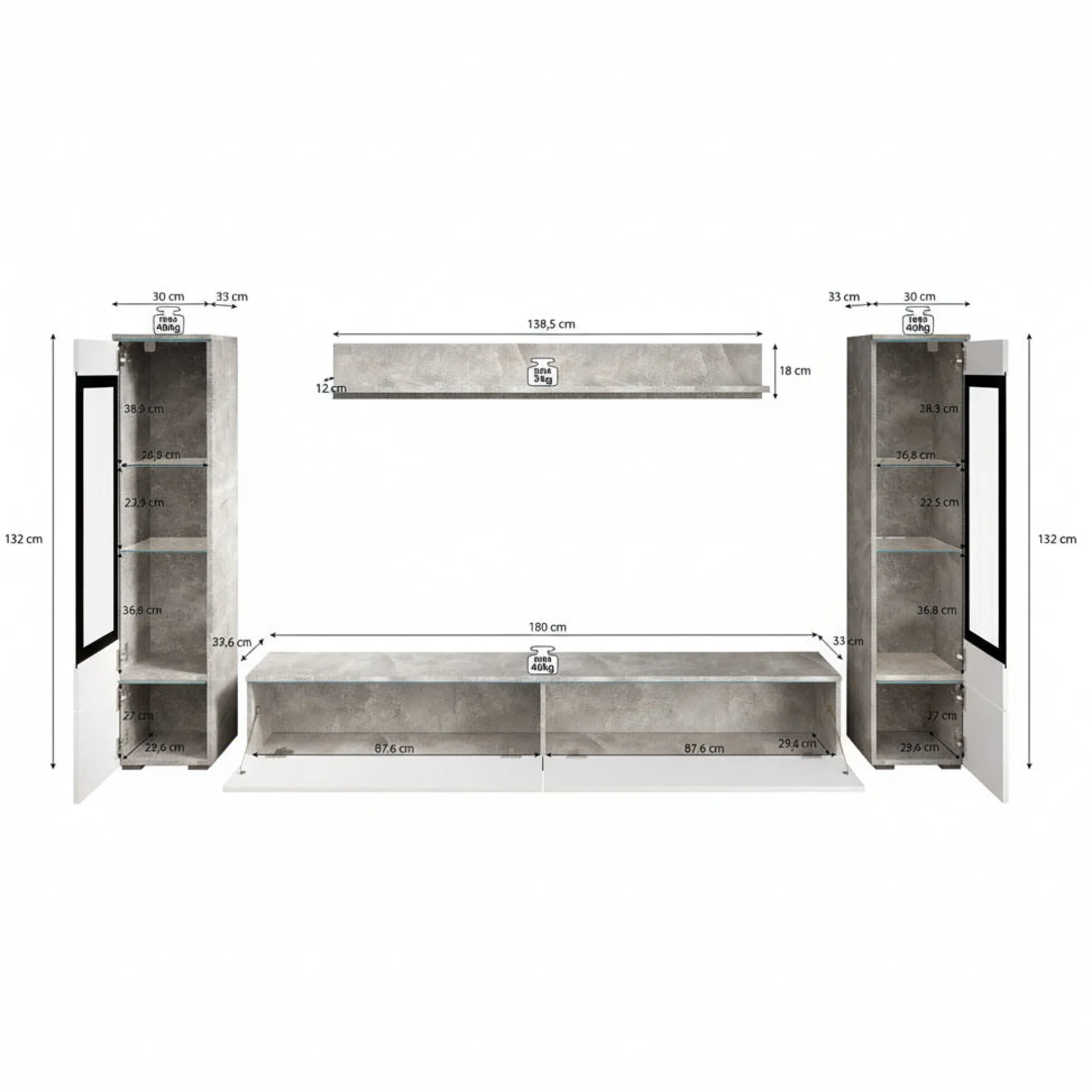 Variety - Wandmeubel - Wit/betonlook - 180x33x132 cm