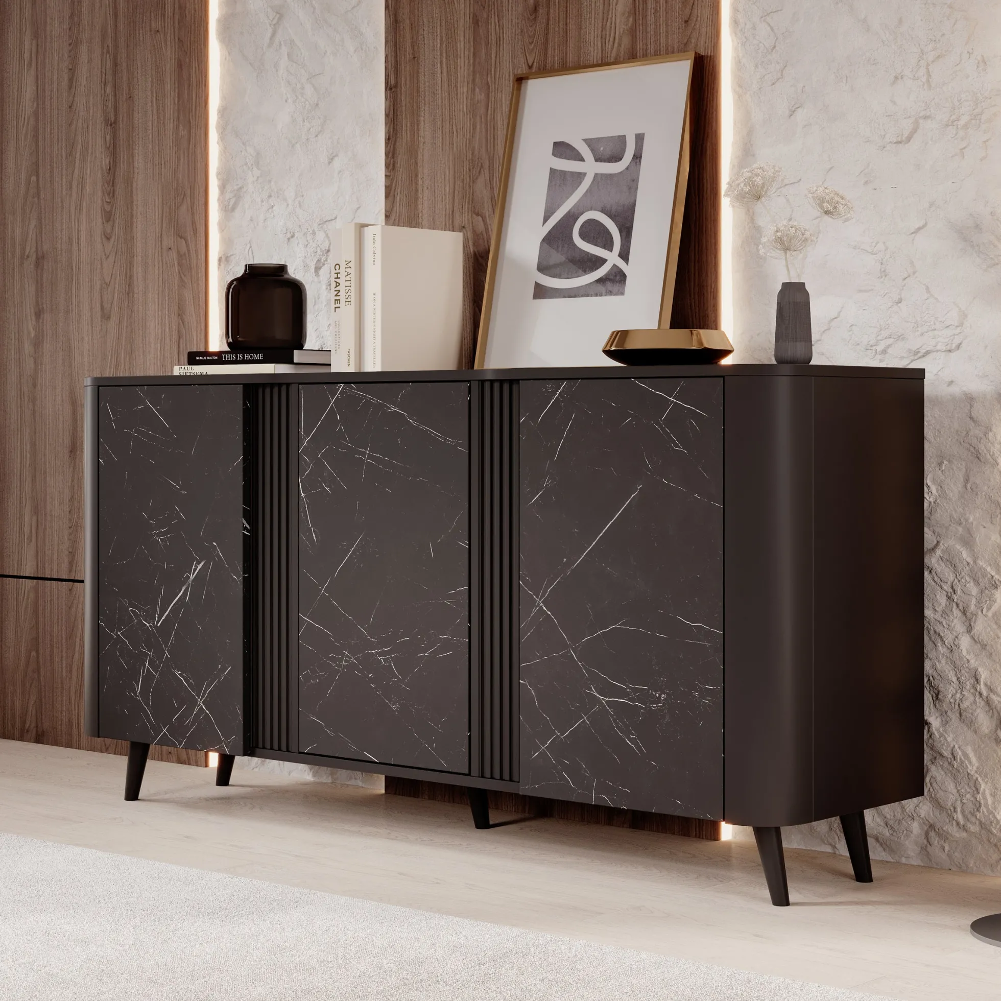 Veda - Dressoir - Zwart/marmerlook - 151x39x76 cm