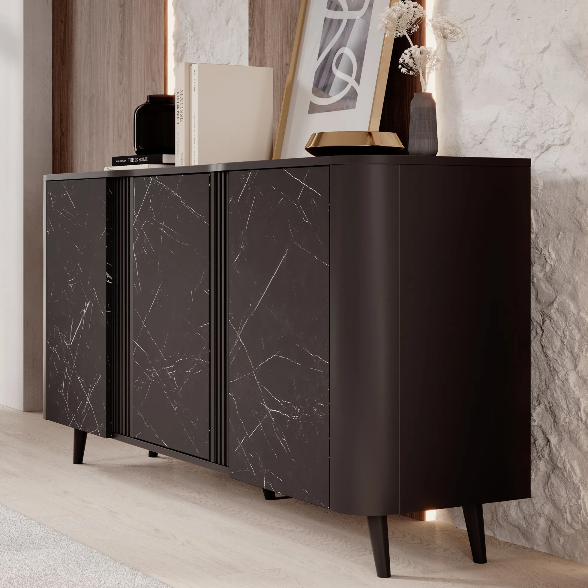 Veda - Dressoir - Zwart/marmerlook - 151x39x76 cm