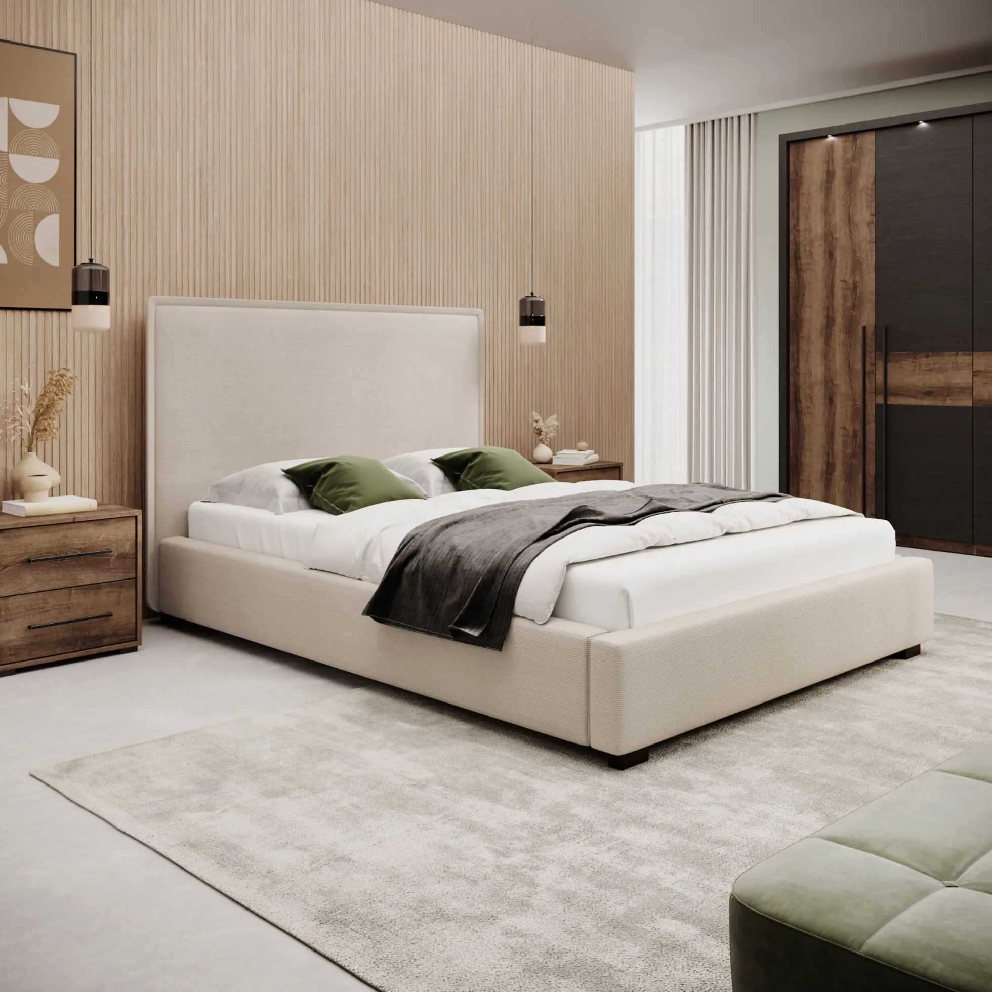 Veda - Tweepersoonsbed - Ribstof beige - 140x200 cm