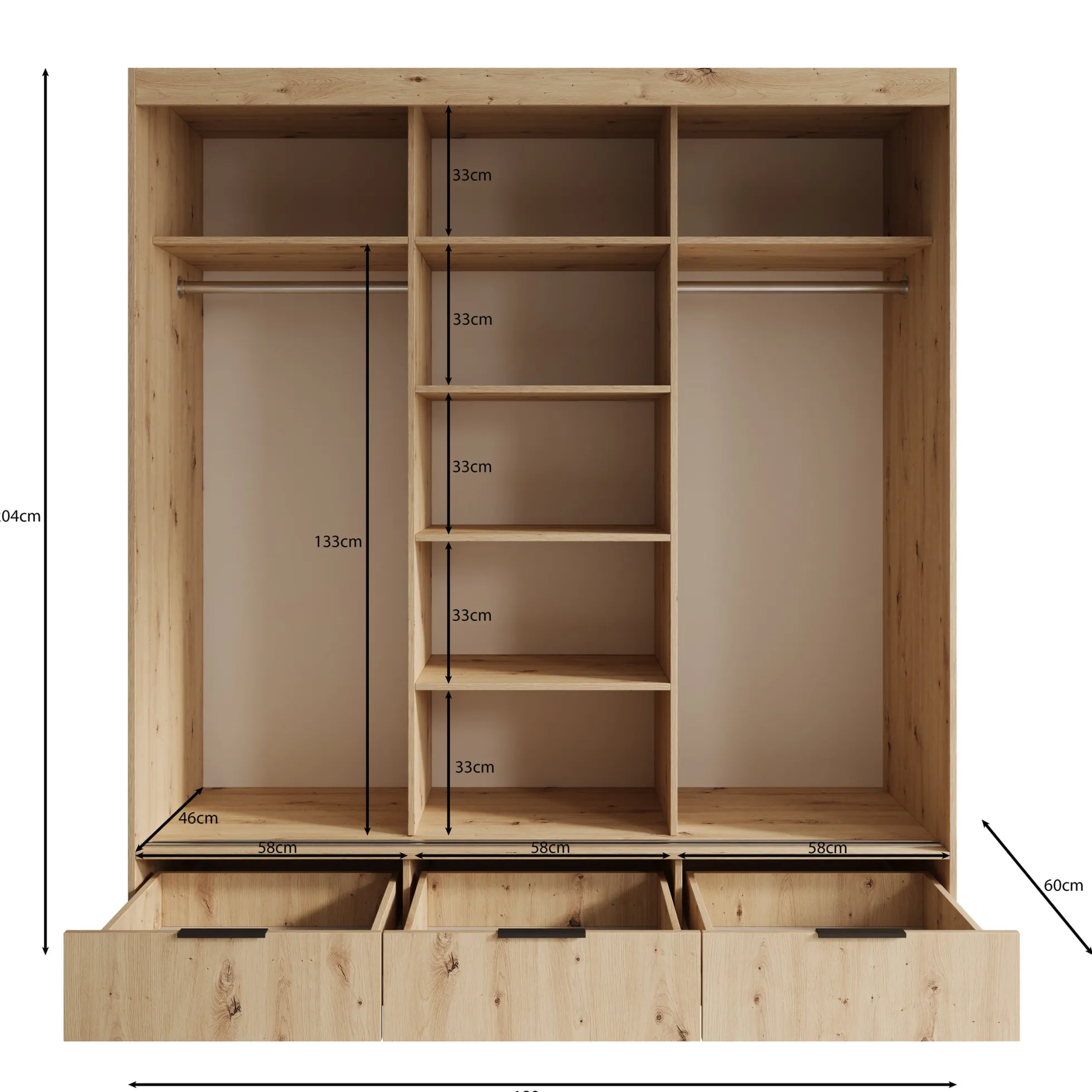 Venn - Kledingkast met schuifdeuren - Eiken - 180x60x204 cm