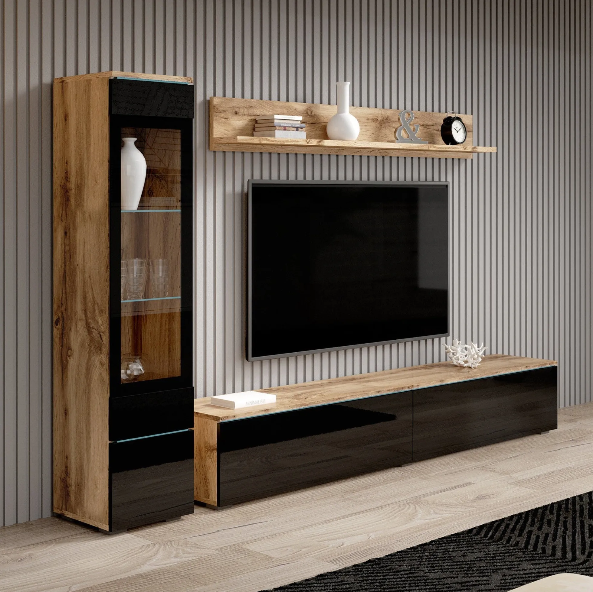 Verity - Wandmeubel - Zwart/eiken - 180x33x32 cm
