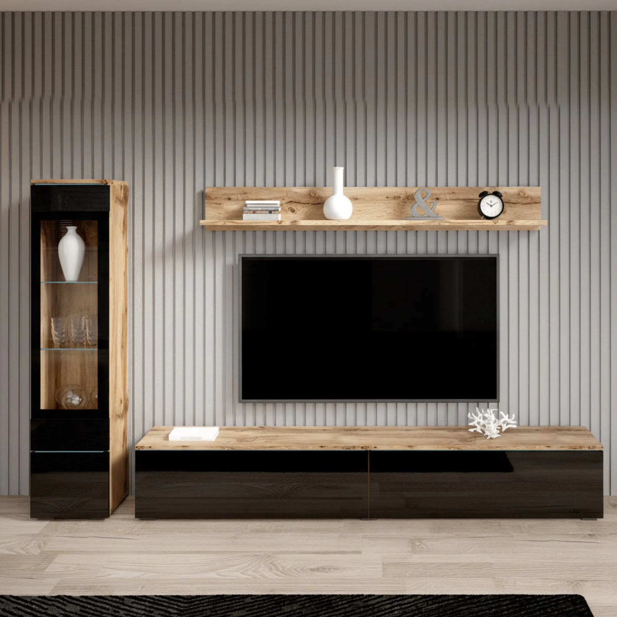 Verity - Wandmeubel - Zwart/eiken - 180x33x32 cm
