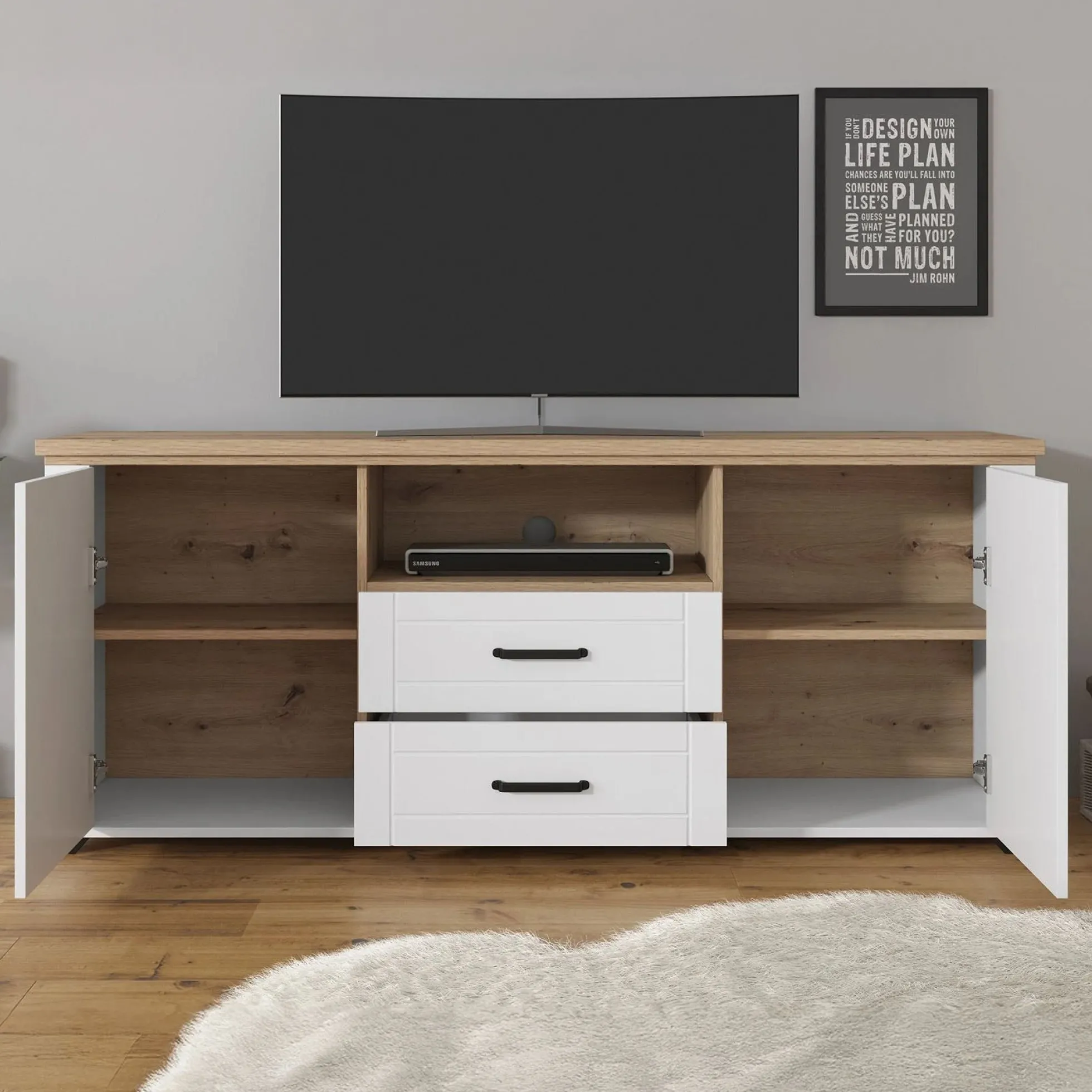 Vernon - TV-Meubel met 2 deuren - Wit/eiken - 161 cm