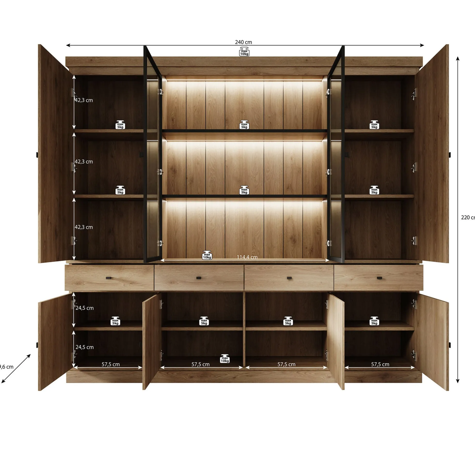Vince 4 - Buffetkast - Eiken - 240x40x220 cm
