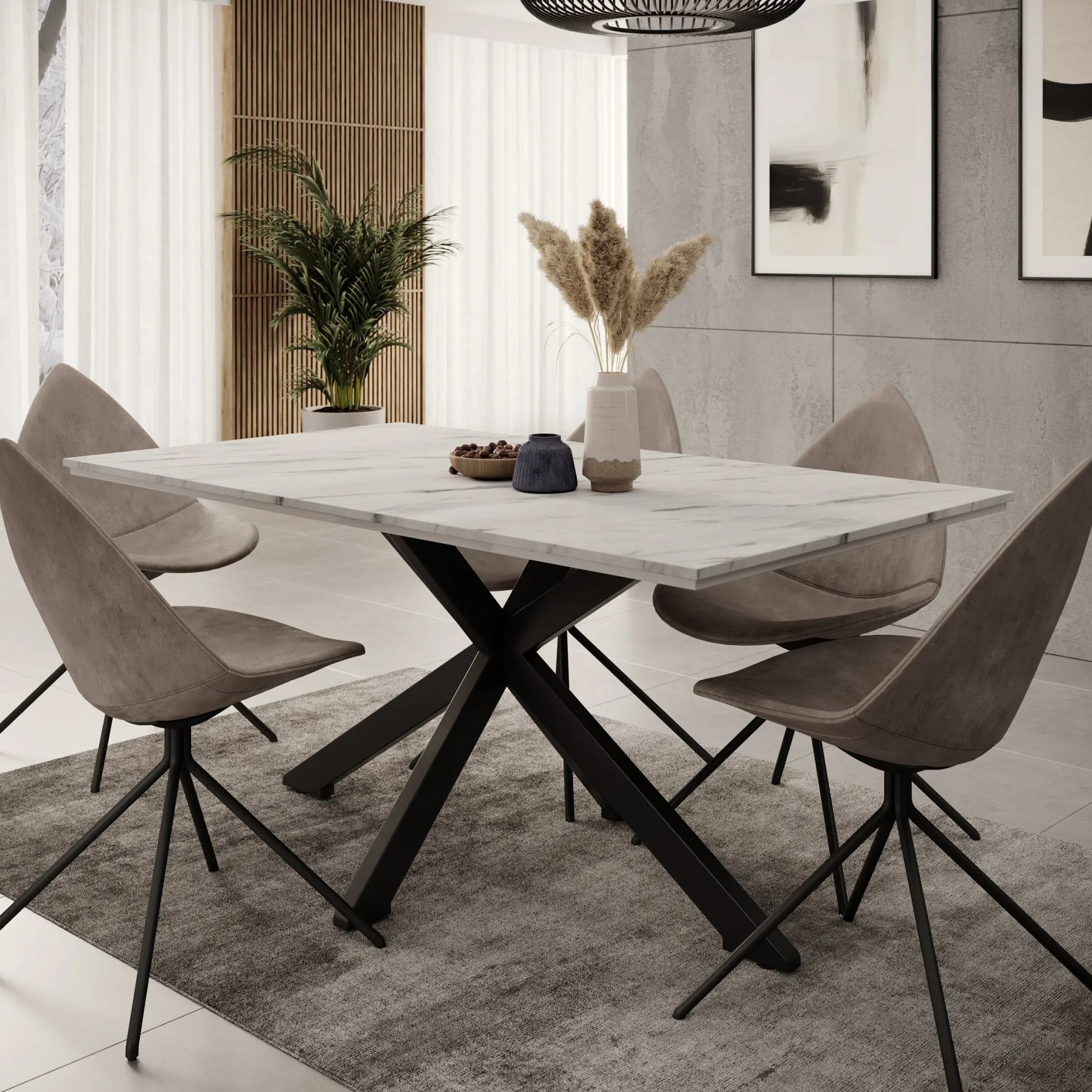 Wabe - Eetkamertafel - Wit marmerlook - 160x90x74 cm