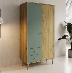 Wally - Kledingkast 2-deurs - Licht eiken/groen - 95x52x186 cm